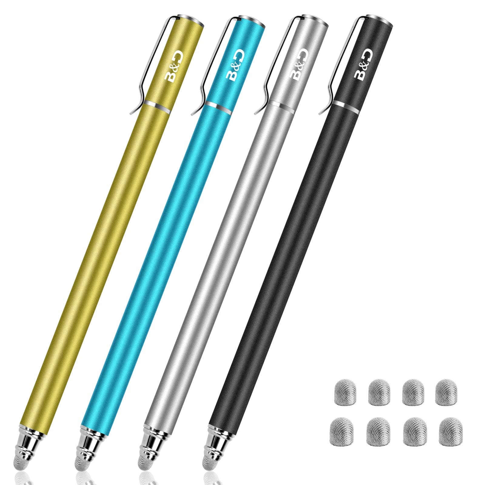 MEKO New 5mm (The Smallest Fiber Tip) High-Sensivity Dual-tip Universal CapacitIve Stylus Pen for All Tablets & Cell Phones W/ 8 Extra Replaceable Soft Fiber Tips (4 Pieces,Black/Aqua/Silver/Gold)