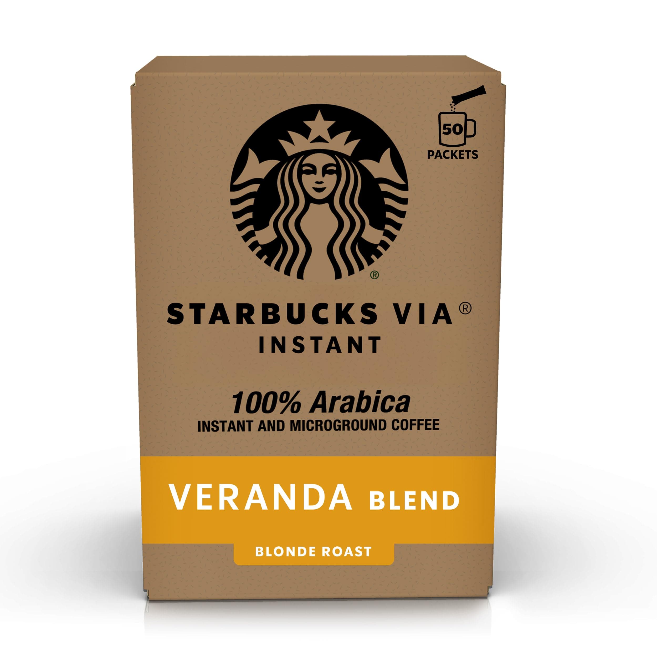VIA Instant Coffee, Light Roast Coffee, Veranda Blend, 100% Arabica, Single-Serve, 1 Box (50 Packets)