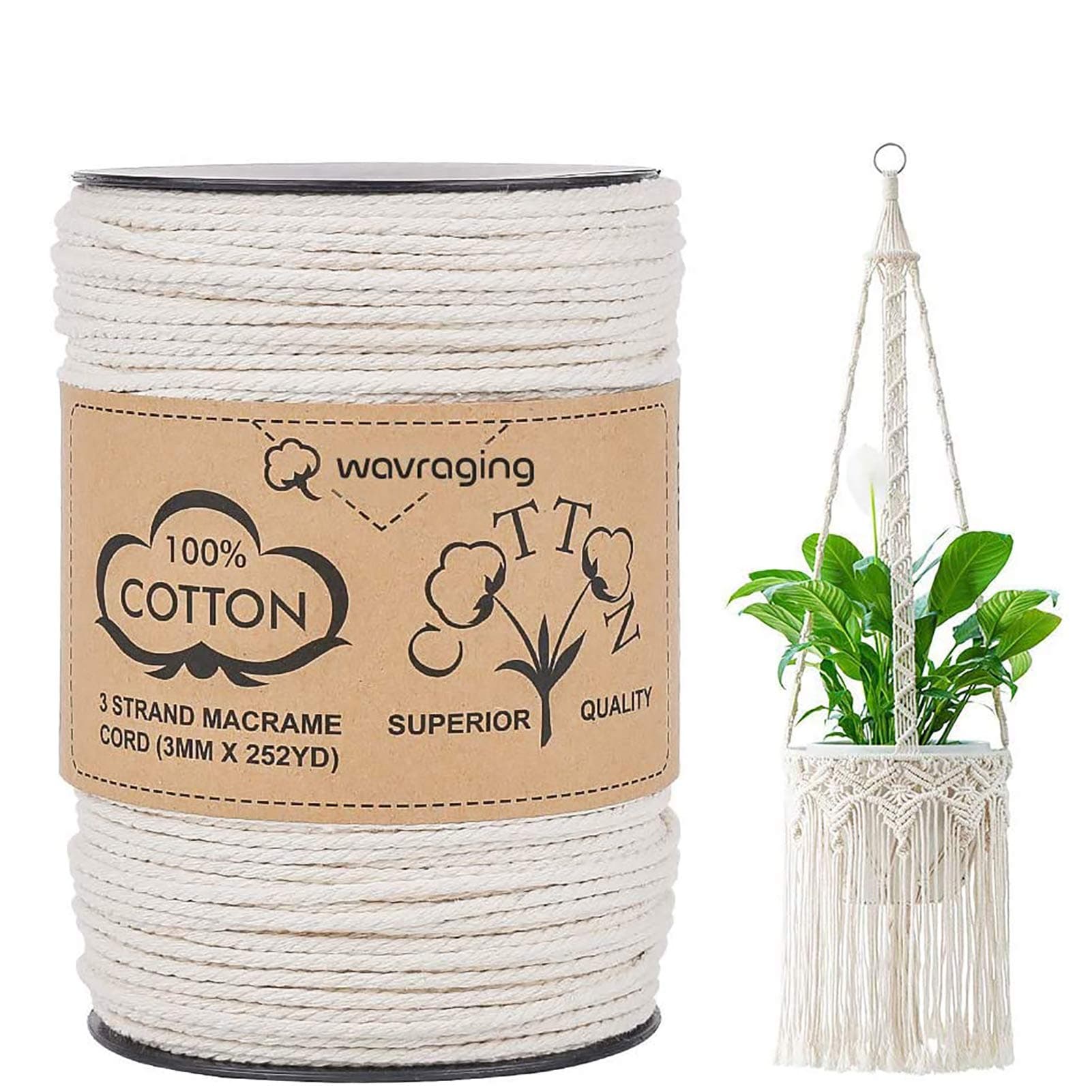 Macrame Cord 3mm x 756 Feet (230m), 100% Natural Unbleached Cotton Macrame Rope - 3 Strands Twisted Macrame Cotton Cord for Wall Hangings, Plant Hangers,Gift Wrapping and Wedding Decorations