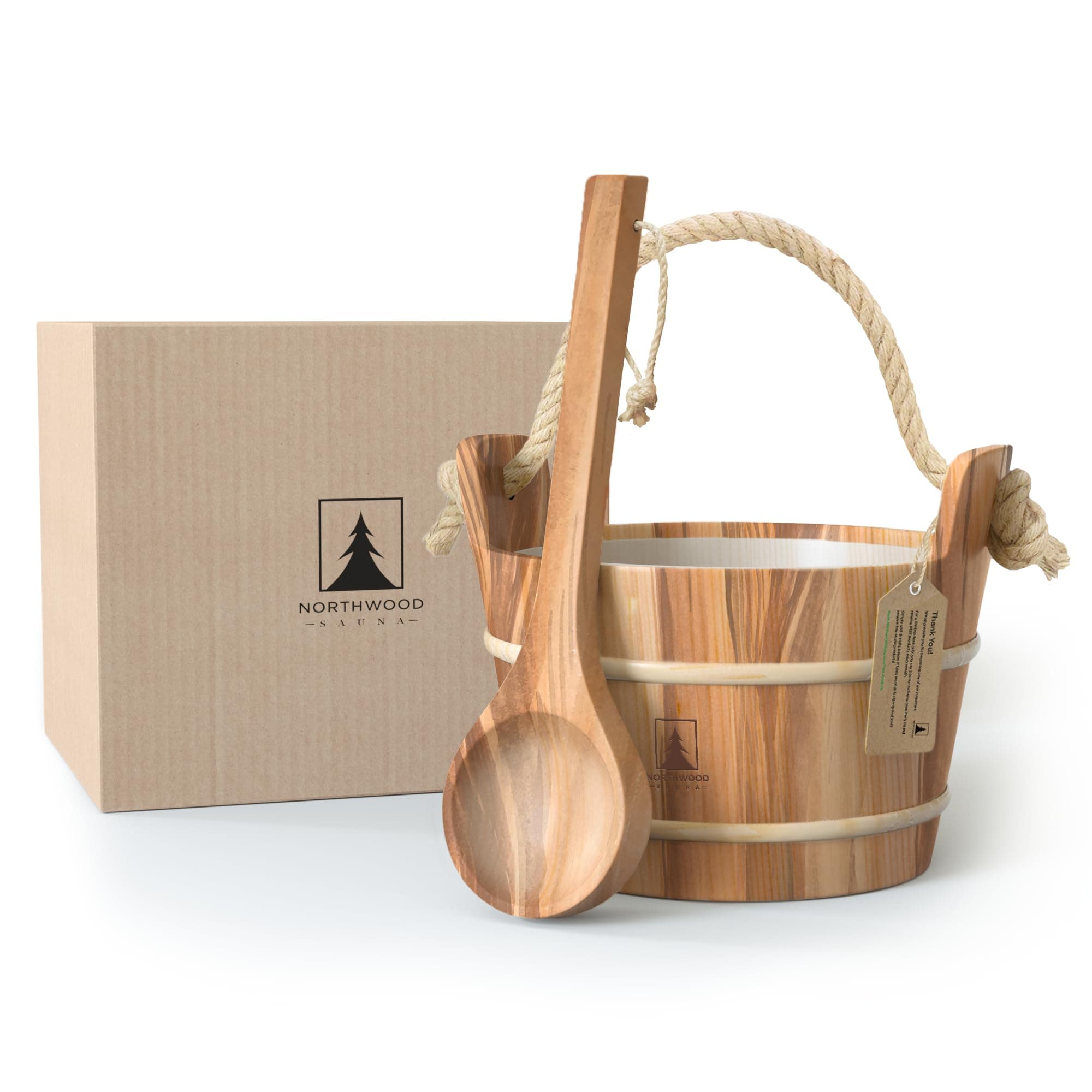 Sauna Bucket and Ladle Set - Handmade from Canadian Red Cedar Wood - Plastic Liner and Rope Handle