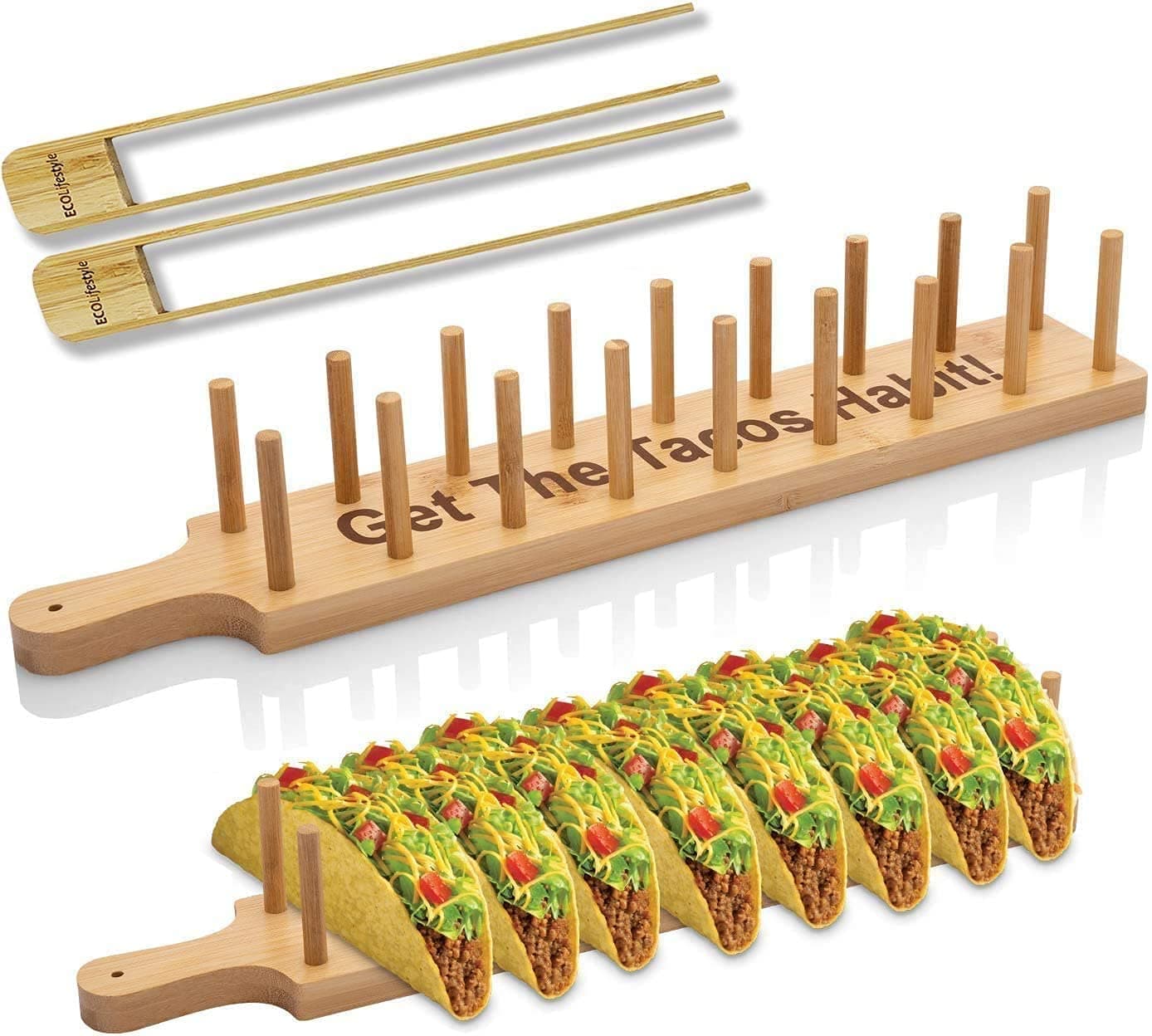 Bamboo Taco Tray Holder with 2 Tongs – Holds 8 Tacos – Soft & Hard Shell Taco Tray Plate – Tortilla & Burrito Server – Eco-Friendly Wooden Taco Holder – Taco Bar Gift for Parties & Dinners
