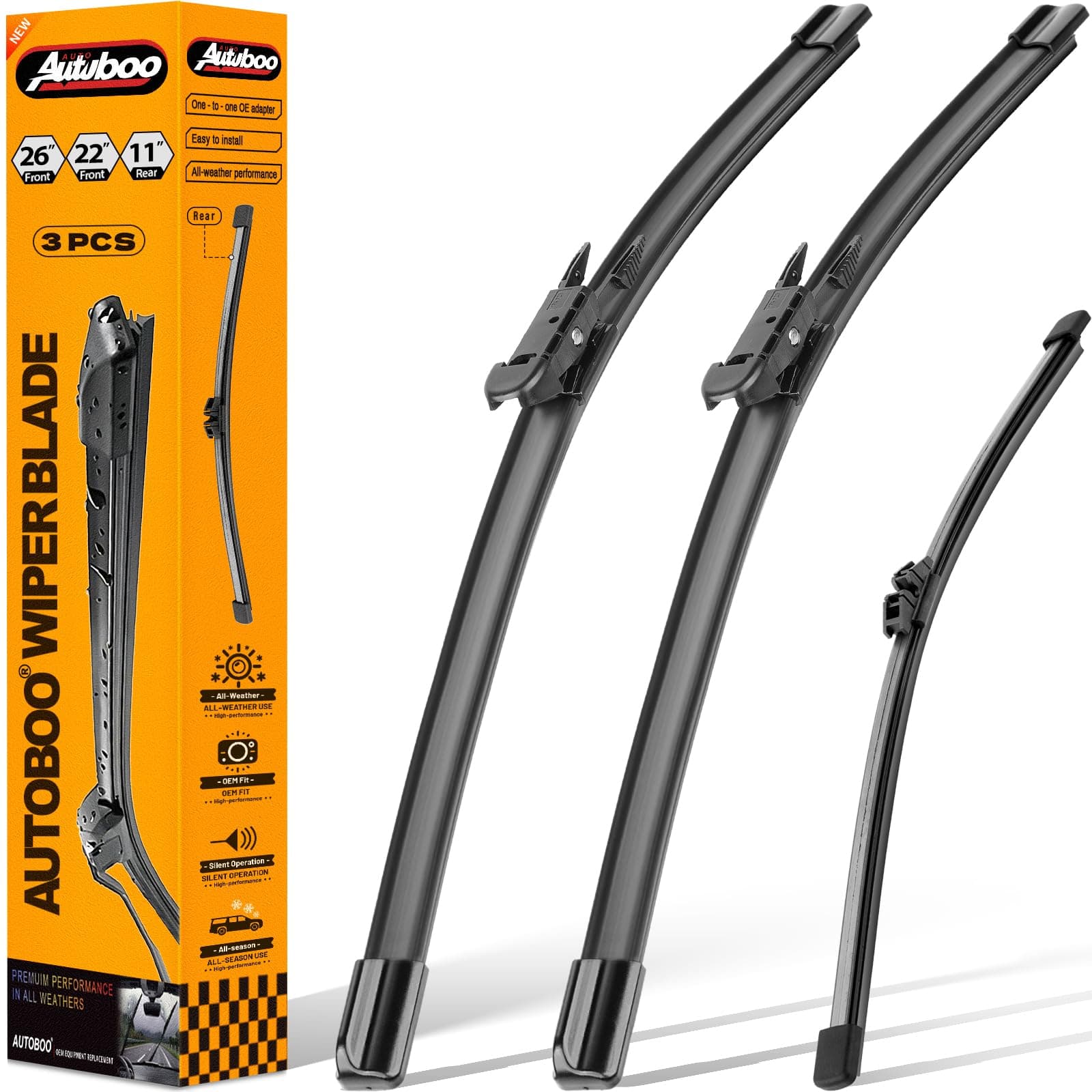 AUTOBOO 3-Pack Windshield Wiper Blades for Ford Explorer 2011-2020 2021 2022 2023 2024, Original Equipment Replacement 26"+22" Front and 11" Rear, All-Weather Performance, Easy One-Click Install