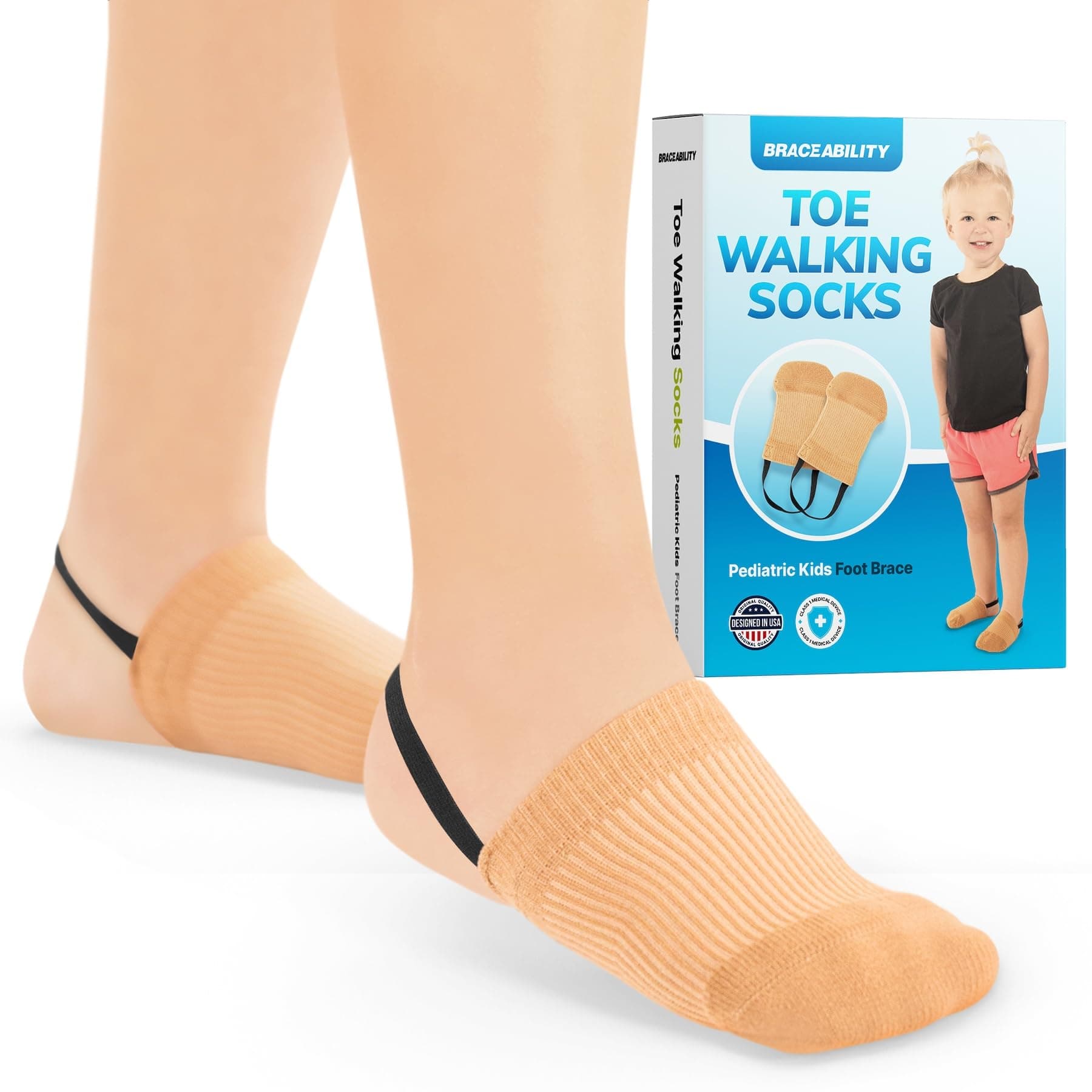 BraceAbility Toe Walking Socks (Pair) - Pediatric Kids Foot Brace for Comfortable Tip Toe Walking Prevention and Correction for Children and Toddlers, Cerebral Palsy Equipment, ADHD Support (S -