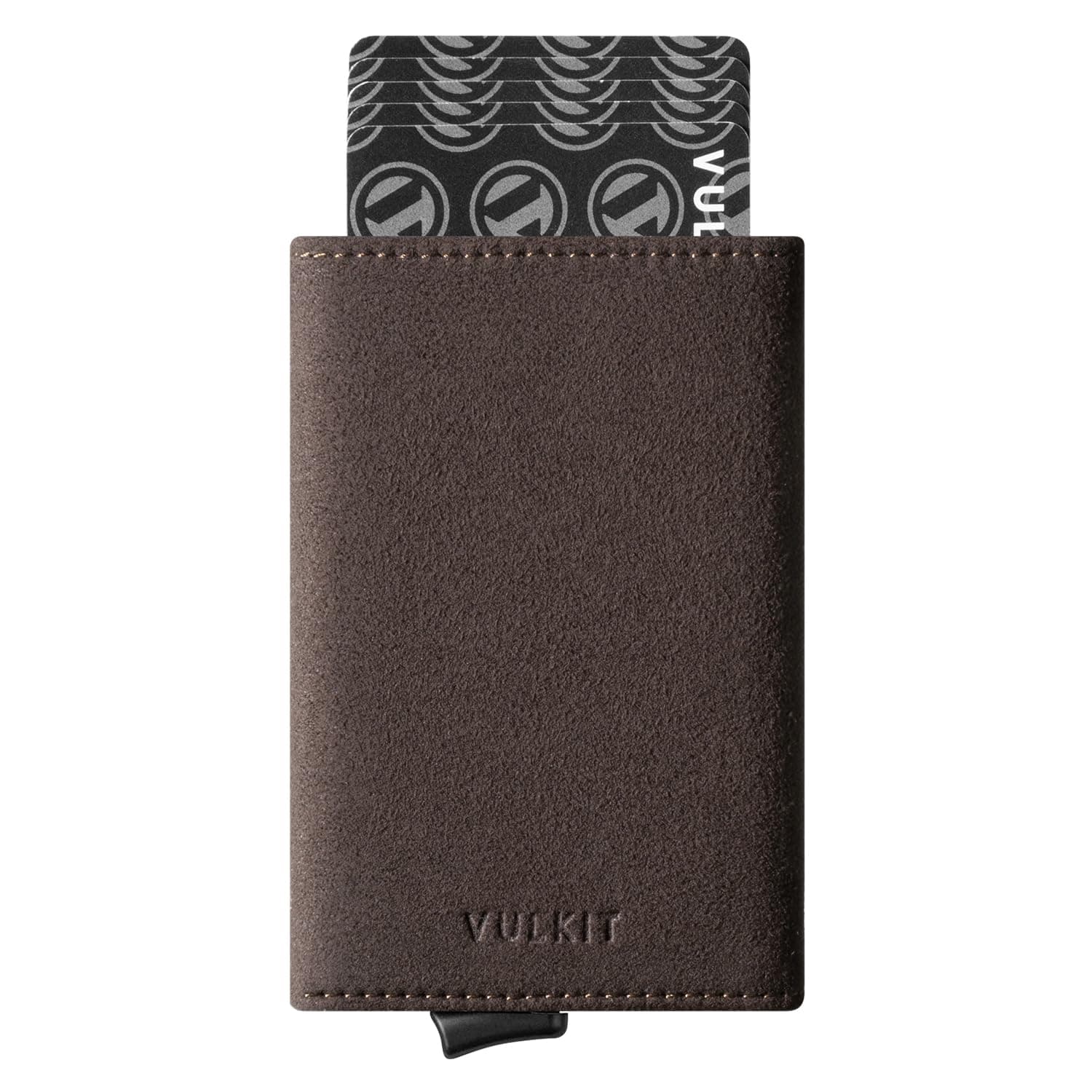 VULKITCredit Card Holder Leather Bifold Pop up Wallet with Banknote Compartment, ID Window & Coin, Alcantara Brown, S, Antique