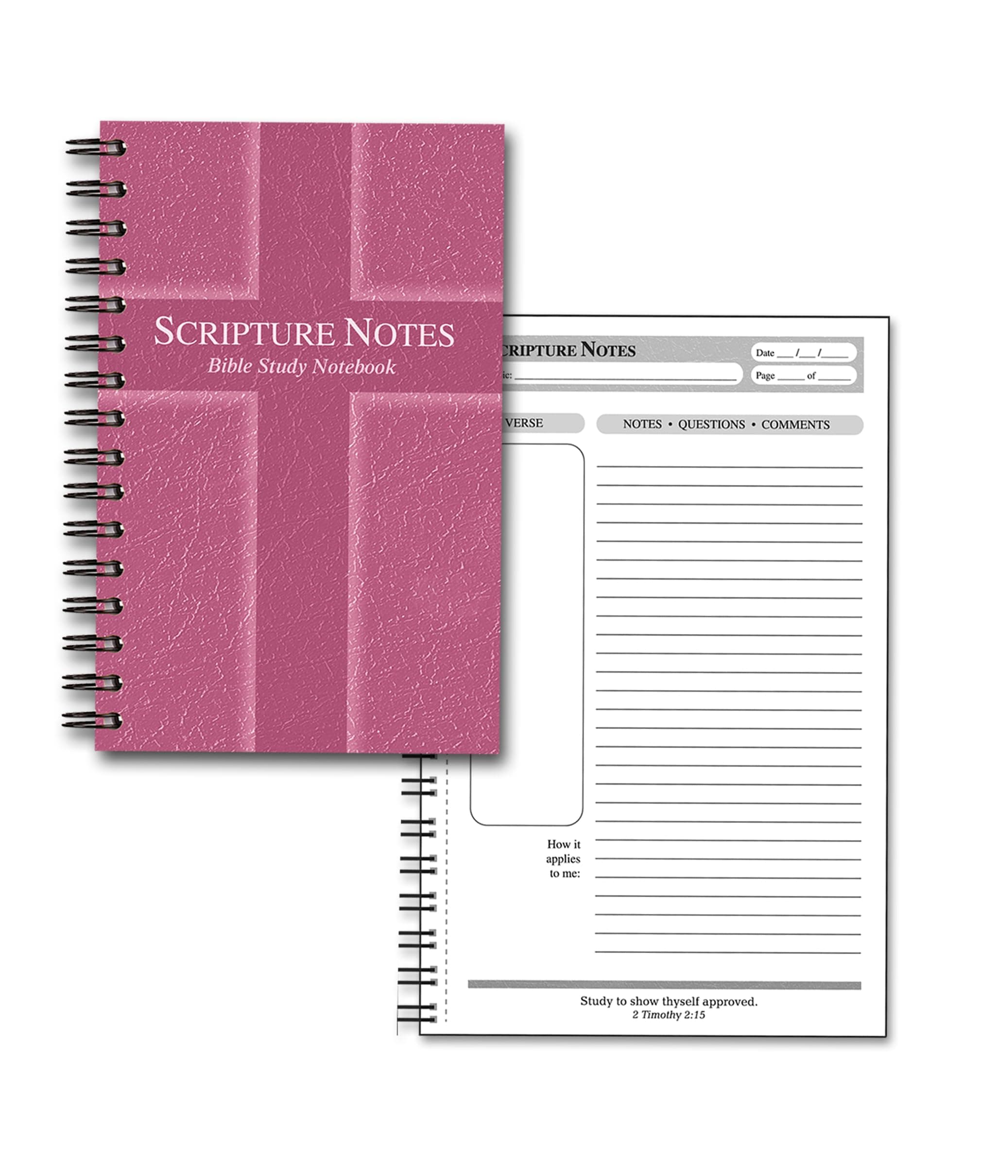 G.T. Luscombe Company, Inc. Scripture Notes, Bible Study, 9 x 5.5 inch, Spiral Bound, 100 Double-Sided Page, Hardboard Cover, Lined Notebook with Prompts and Text Boxes, Rose