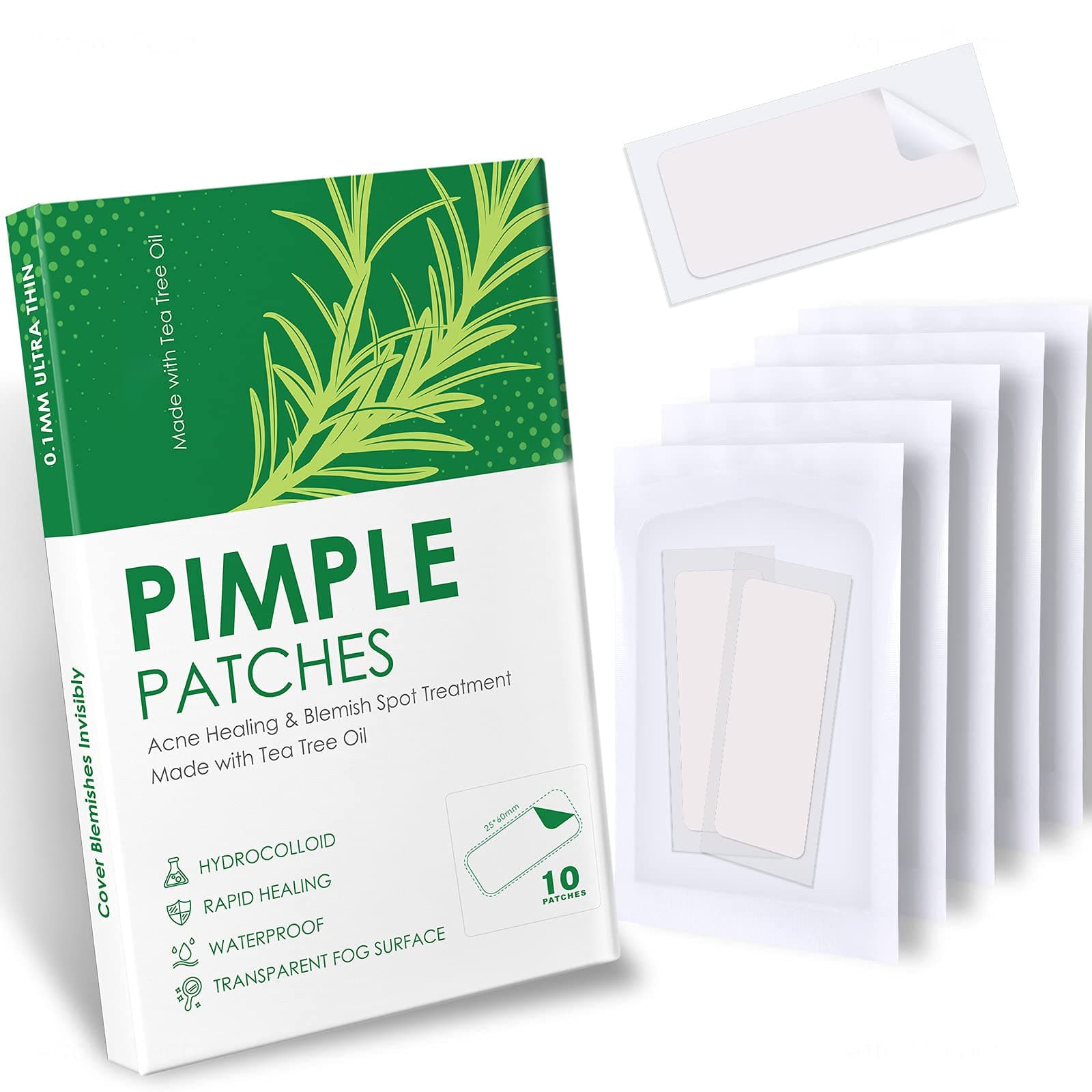 NiHealth Large Tea Tree Oil Acne Pimple Patch Absorbing Hydrocolloid Spot Transparent Matte Blemish Cover for Face, Body, Skin, 25mm&60mm (10 Counts)
