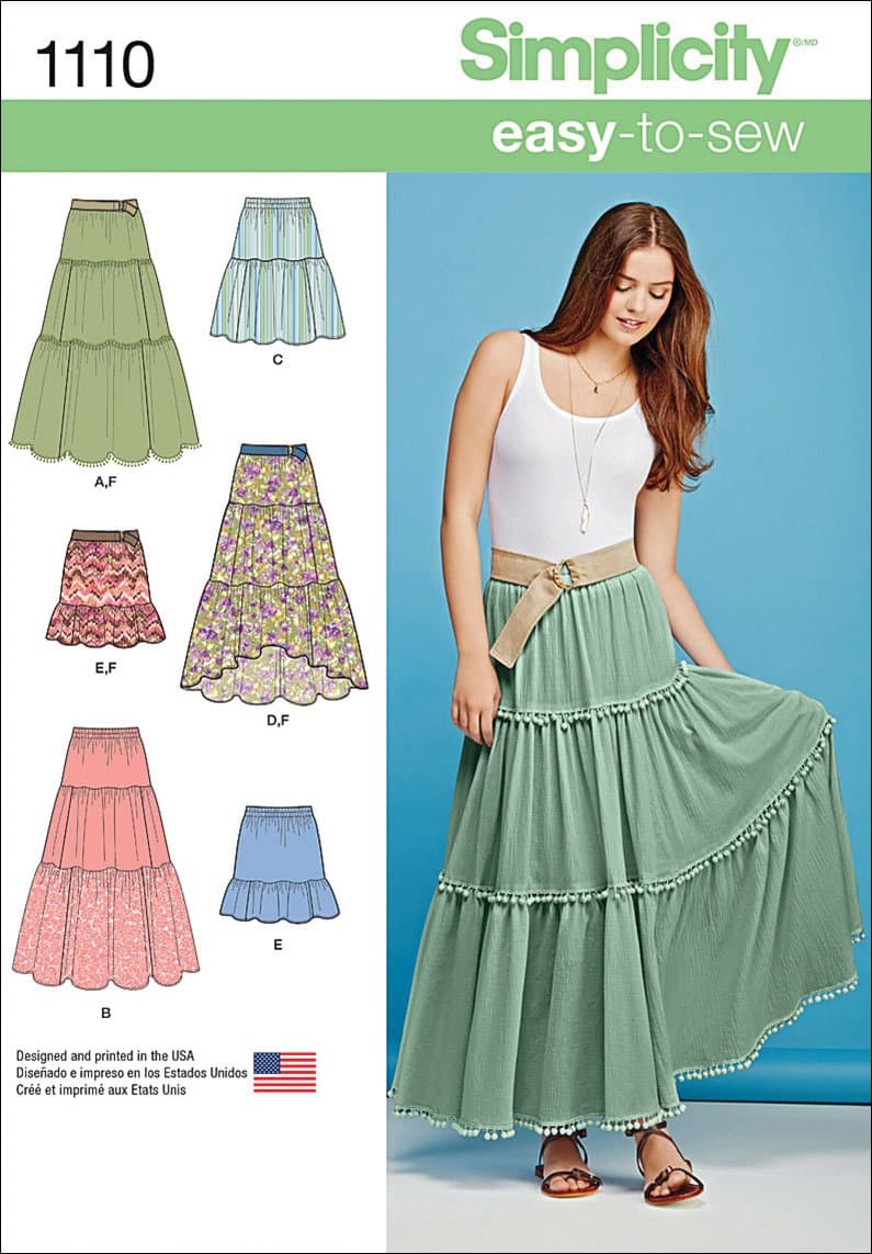 1110 Learn to Sew Tiered Skirt Sewing Pattern for Women, Sizes XXS-XXL
