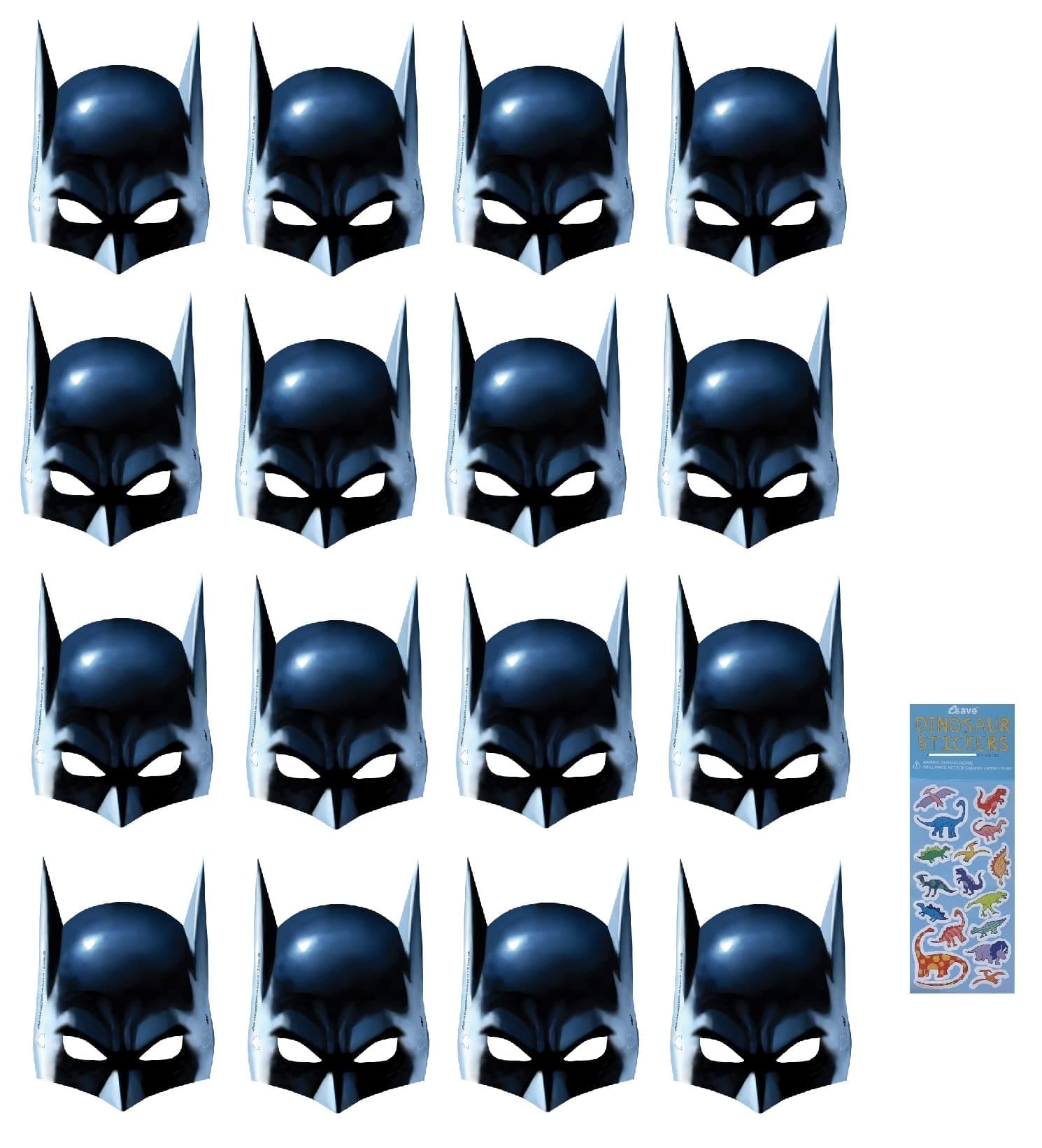 Unique Batman Super Hero Birthday Party Supplies Favor Bundle includes 16 Party Paper Masks with 1 Dinosaur Sticker Sheet