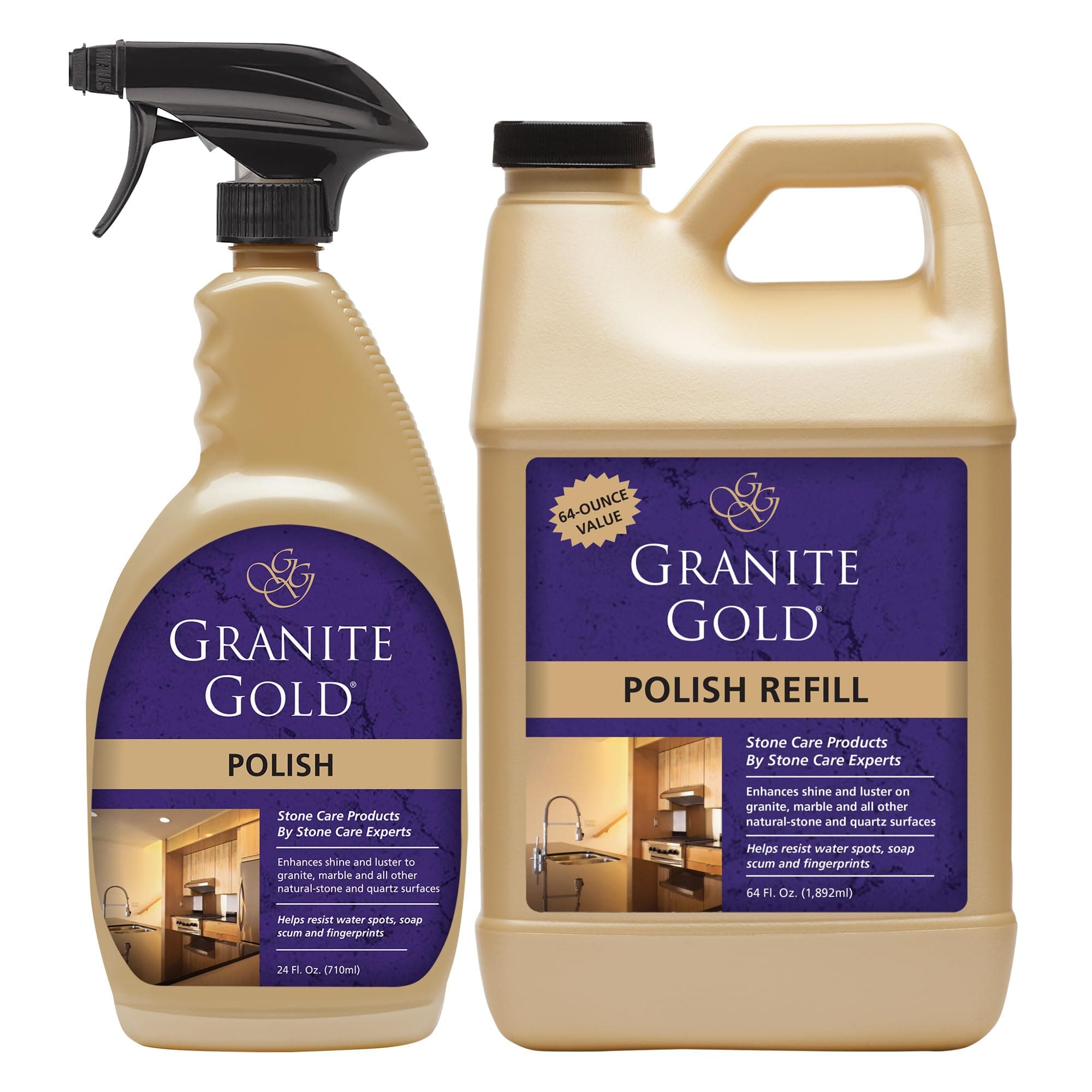Granite Gold Polish Spray, Streak-Free Shine for Granite, Quartz, Marble, Travertine, Natural Stone Countertops, 64 Fluid Ounces and 24 Fluid Ounces