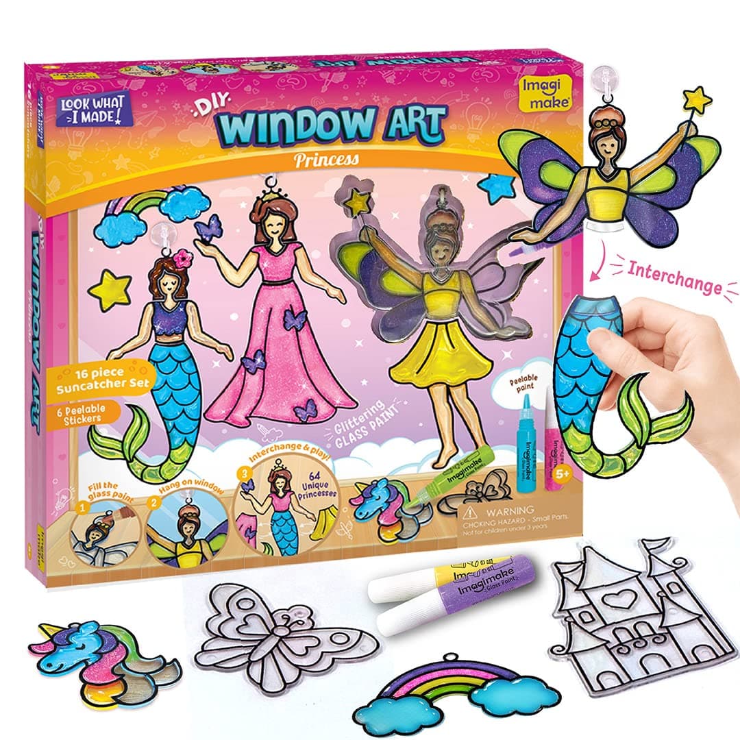Imagimake Window Art Princess | Toys for Girls Ages 5-10 Years | 16 Piece Glass Painting Set | Princess, Mermaid & Unicorn Designs | Creative Arts & Crafts Kit | Ramadan, Birthday & Return Gifts