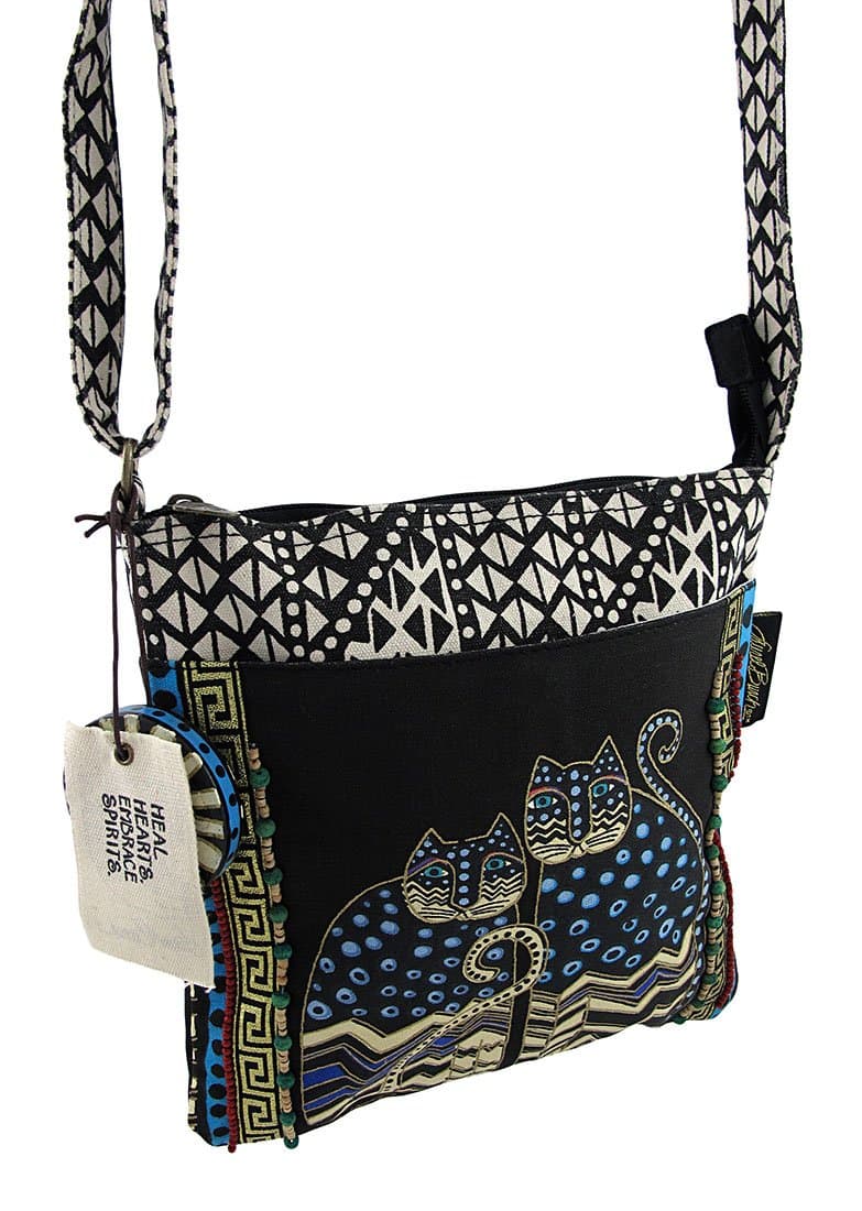 Laurel Burch LB4315 Crossbody Tote with Zipper Top, Spotted Cats Black