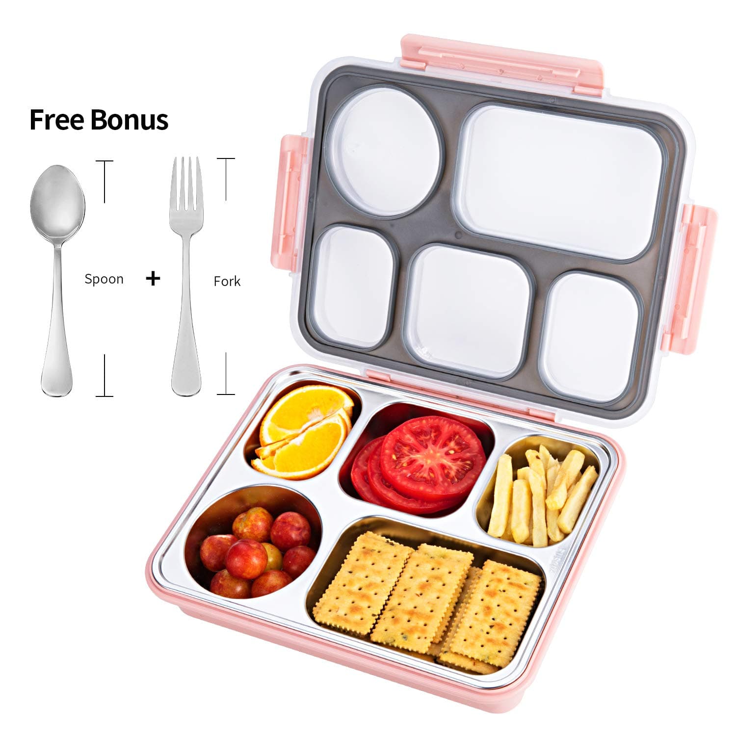 Large Stainless Steel Food Box - Leak Proof Bento Lunch Containers - 5 Sections for Snacks on The Go - Dishwasher Safe, Eco-Friendly, BPA-Free(Large-Nordic Pink)