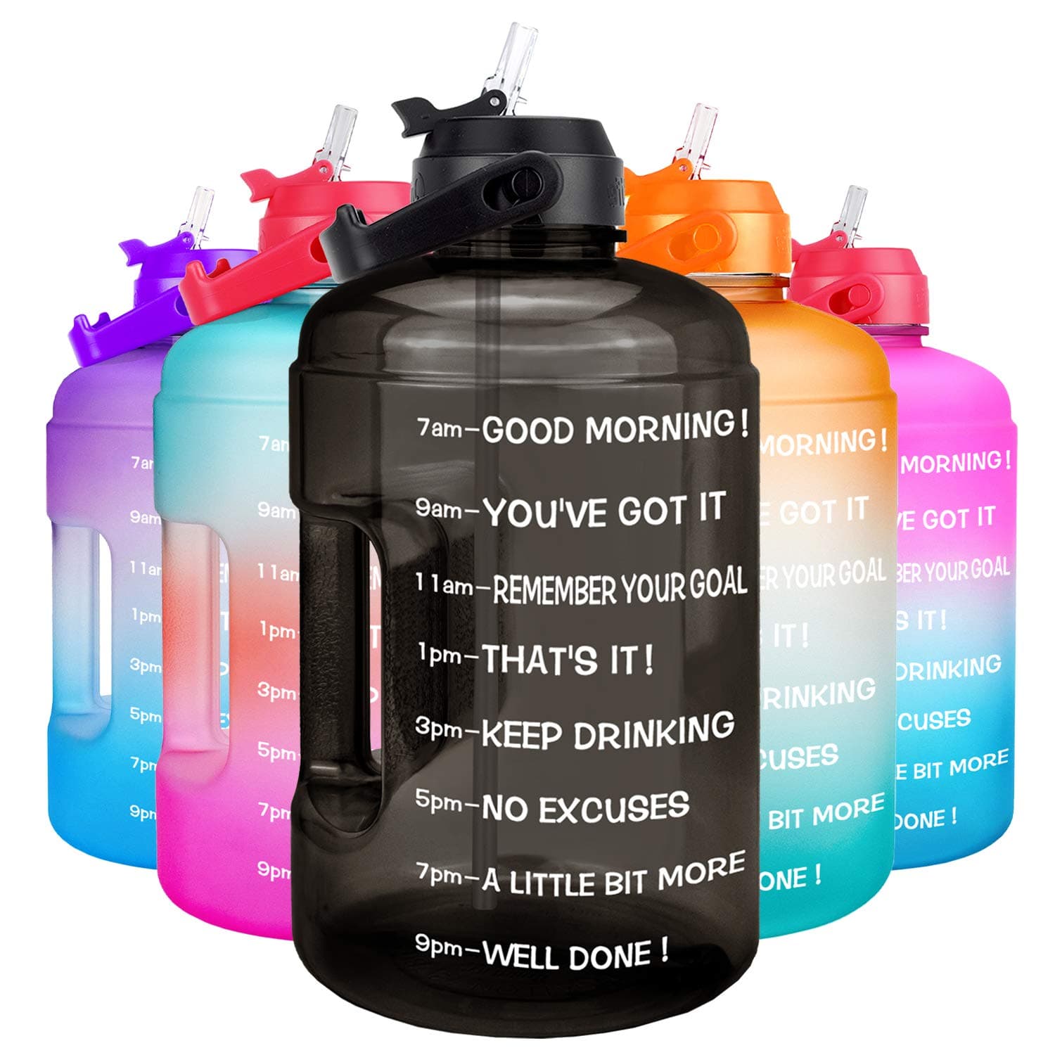QuiFit 1 Gallon Water Bottle - with Straw & Motivational Time Marker Leak-Proof BPA Free Reusable Gym Sports Outdoor Large(128OZ/73OZ) Capacity Water Jug