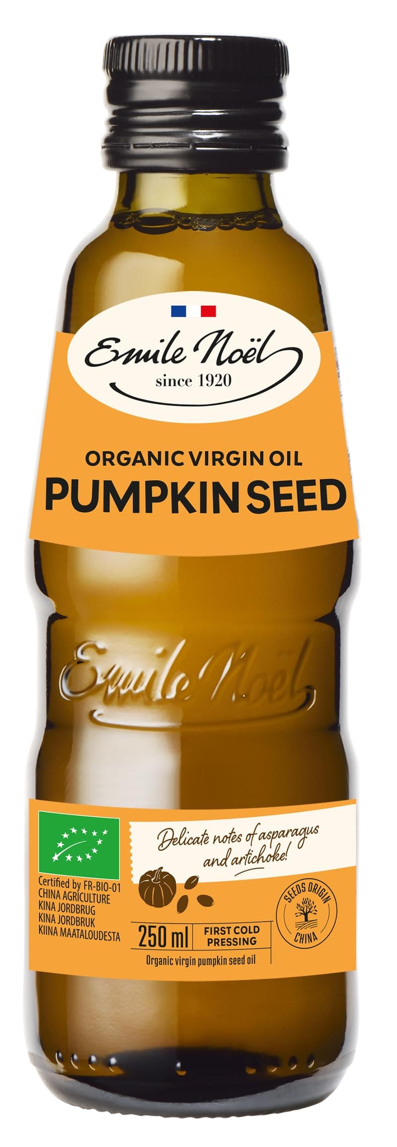 EMILE NOEL - Organic Virgin Pumpkin Seed Oil, Delicate Notes of Asparagus & Artichoke, Strong Flavour, First Cold Pressed, Best Used in a Variety of Salads, Naturally Rich in Omega 3 250ml Bottle