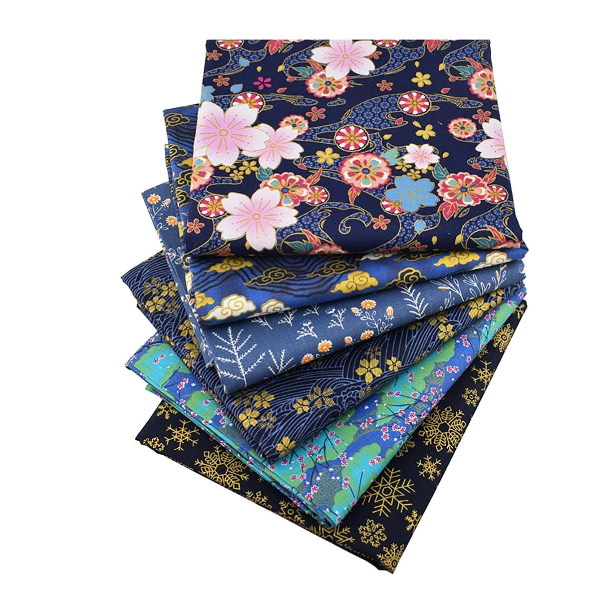 Queenbox 6PCS Japanese Printed Fabric, 15.7x19.6" Furoshiki Cloth, Traditional Sakura Printed Waves Cotton Sewing Fabric for Kimono Cheongsam Bag DIY Quilting