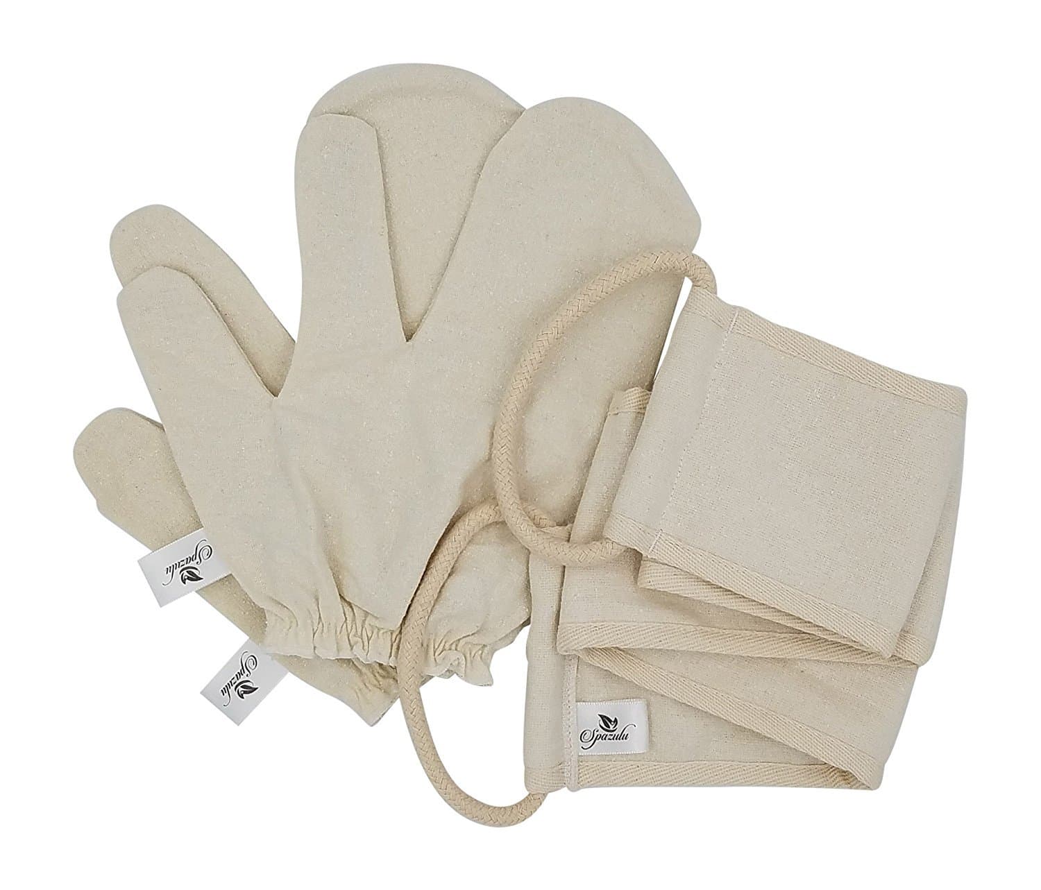 Raw Silk Massage Gloves and Back Belt for Dry Brushing and Exfoliation