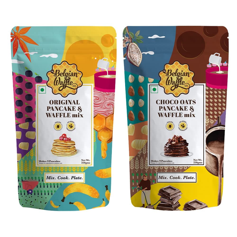The Belgian Waffle Co Original Pancake & Waffle Premix - 250 gm + Chocolate Oats Pancake & Waffle Premix - 250 gm| 100% Vegetarian and Eggless, Organic Non Refined Sugar | Combo of 2