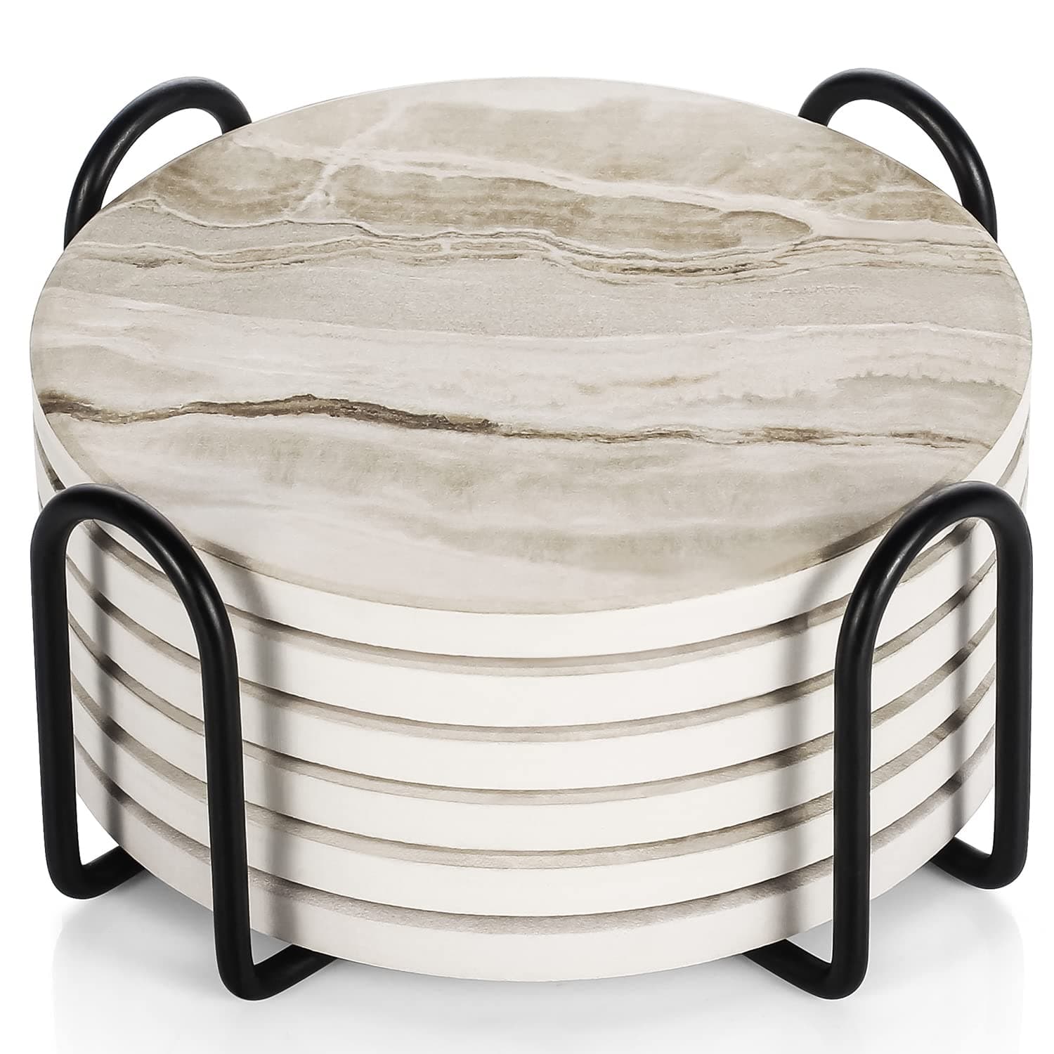 Coasters Set of 6, Coasters for Drinks Absorbent Stone with Holder, Black Marble Style Ceramic Drink Coaster for Tabletop Protection, Coffee Table Decor Ideal for Home Decor House Warming Gifts