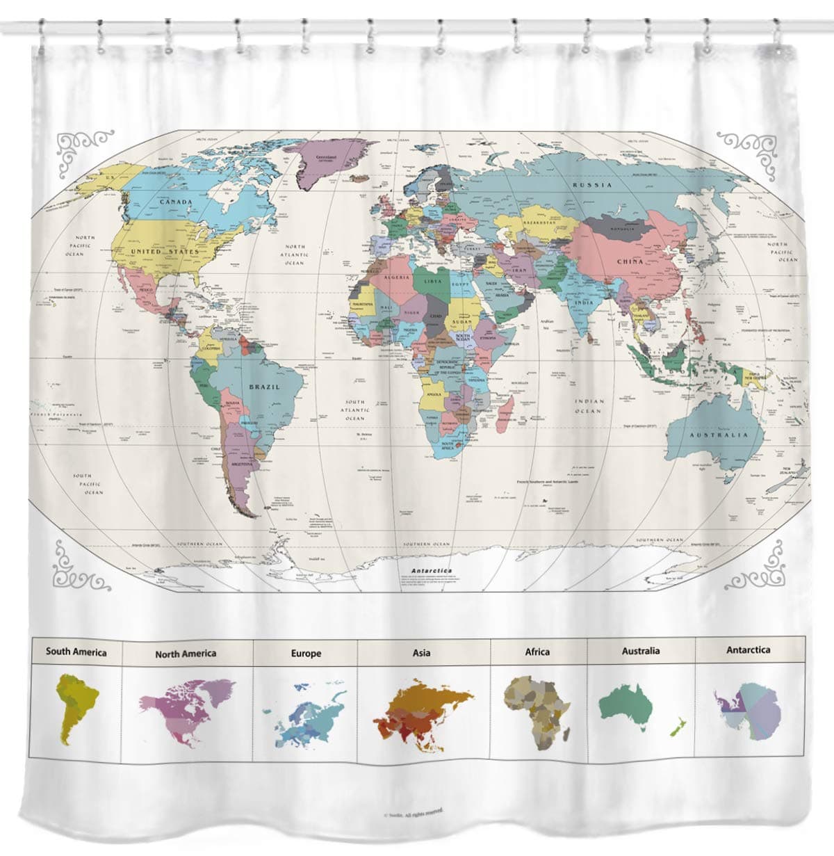 Sunlit Map of The World with Detailed Major Cities. PVC Free, Non-Toxic and Odorless Water Repellent Fabric Shower Curtains - Large Home Decor Wall Map