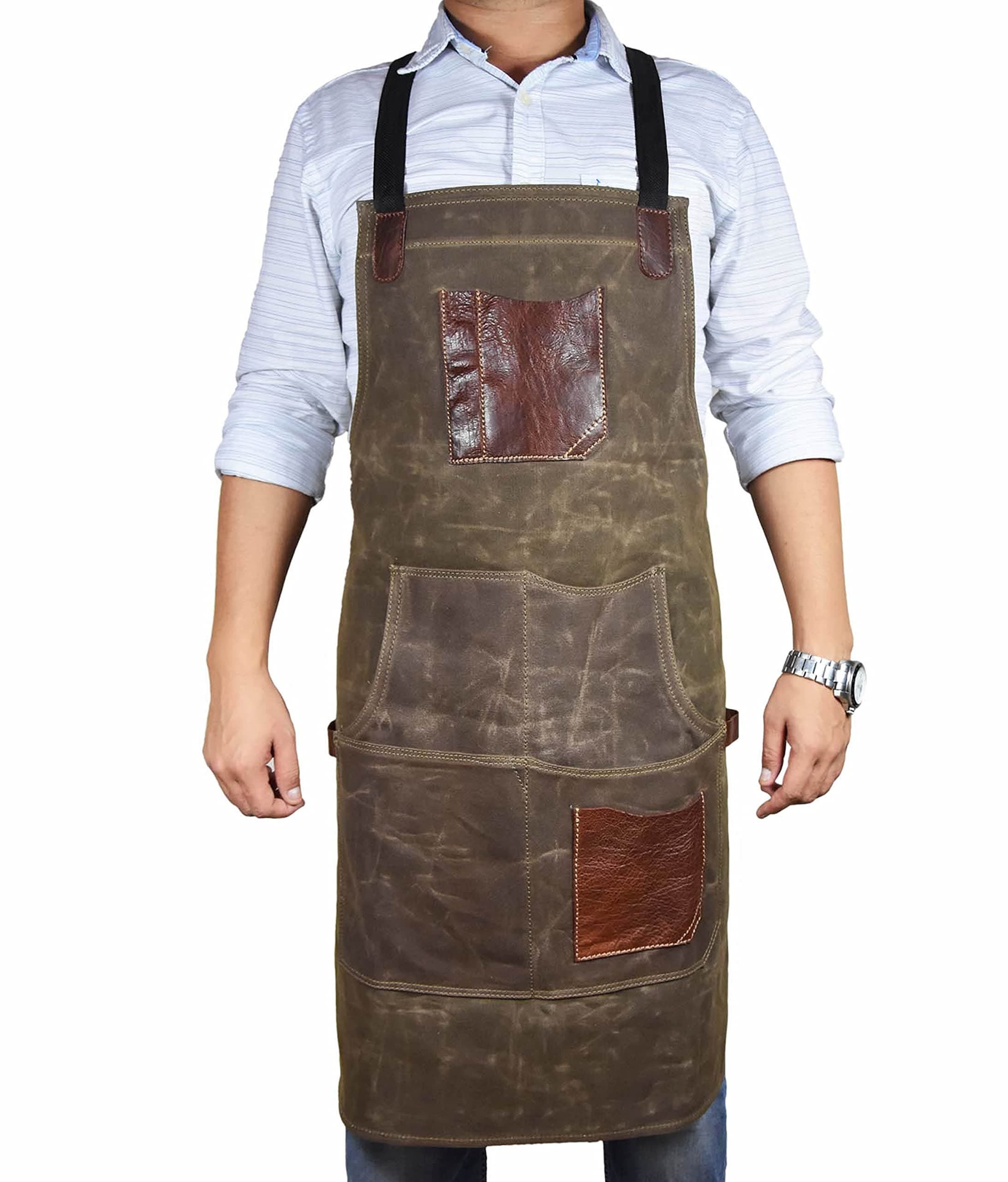 One Size Fits Utility Apron | Adjustable Cross-Back Straps | Multi-Use Shop Apron With Tool Pockets By Aaron Leather Goods (Green, Canvas Leather)