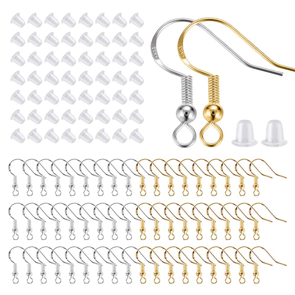 200 PCS/100Pairs 925 Sterling Silver and Gold Earring Hooks,Hypo-allergenic Fish Earring Hooks Earwires for DIY Jewelry Making Supplies with 200 PCS Soft Silicone Earring Backs