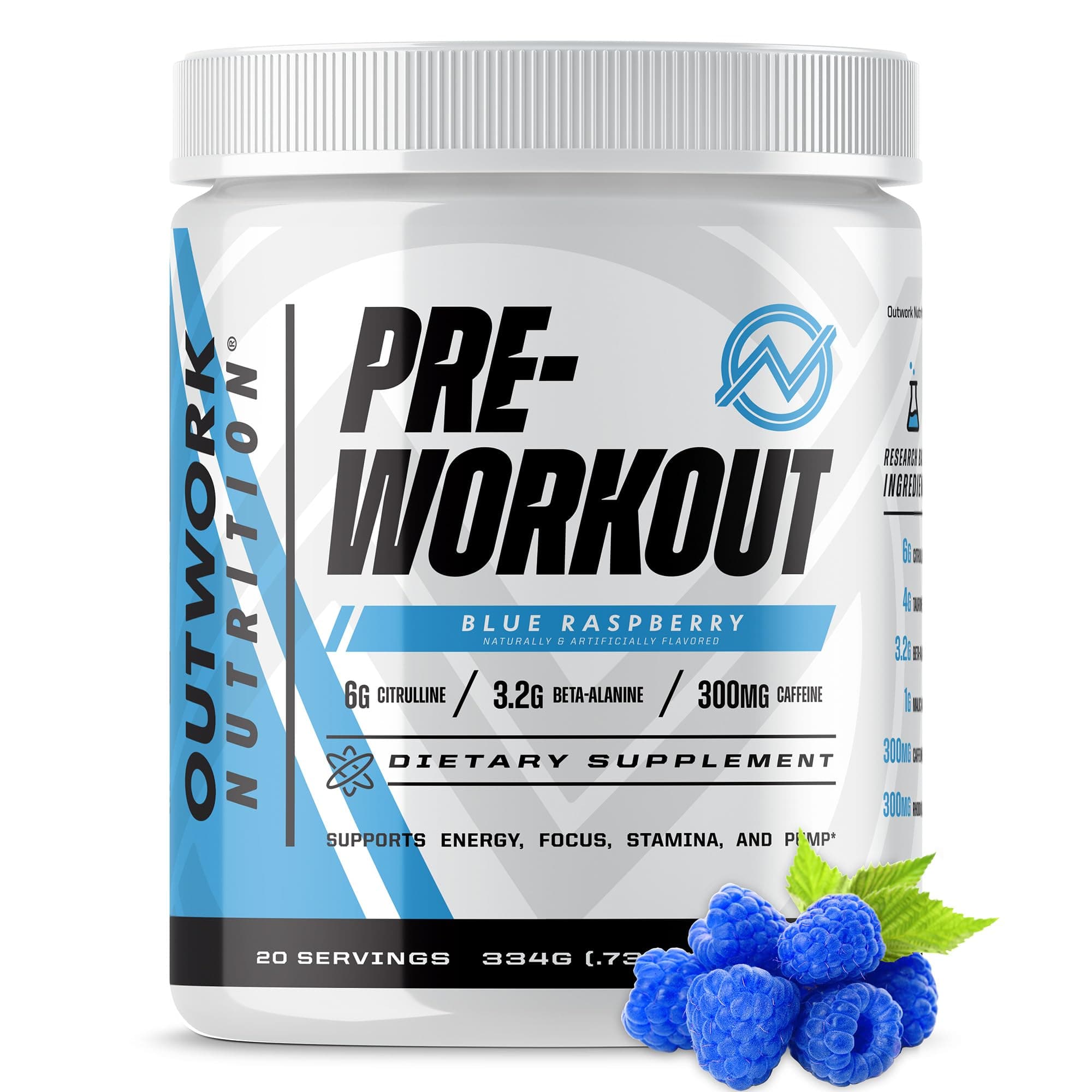 Outwork Nutrition Preworkout for Men & Women - Nootropic Pre Workout Without Creatine, Pre-Workout Powder with Taurine Rhodiola Citrulline Malate Beta Alanine Caffeine (Blue Raspberry)