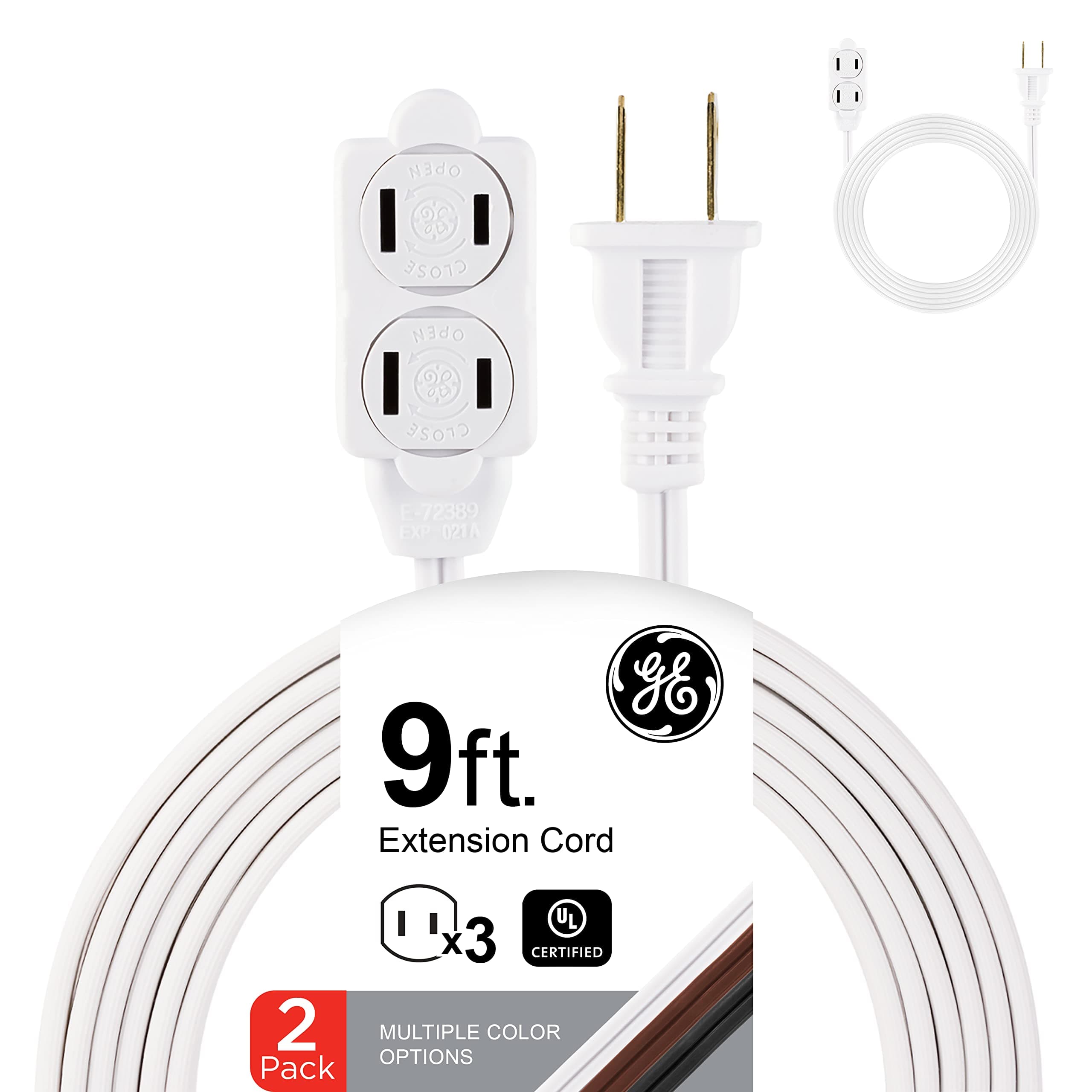 GE 3-Outlet Extension Cord with Multiple Outlets 9 Ft Extension Cord Power Strip 2 Pack 16 Gauge Twist-to-Close Safety Outlet Covers Outdoor Extension Cord Outlet Extender UL Listed White 50357