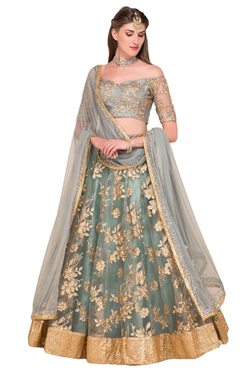 ultrasav Women's Net & Satin Lehenga Choli (ULT_3_Grey_Free Size)