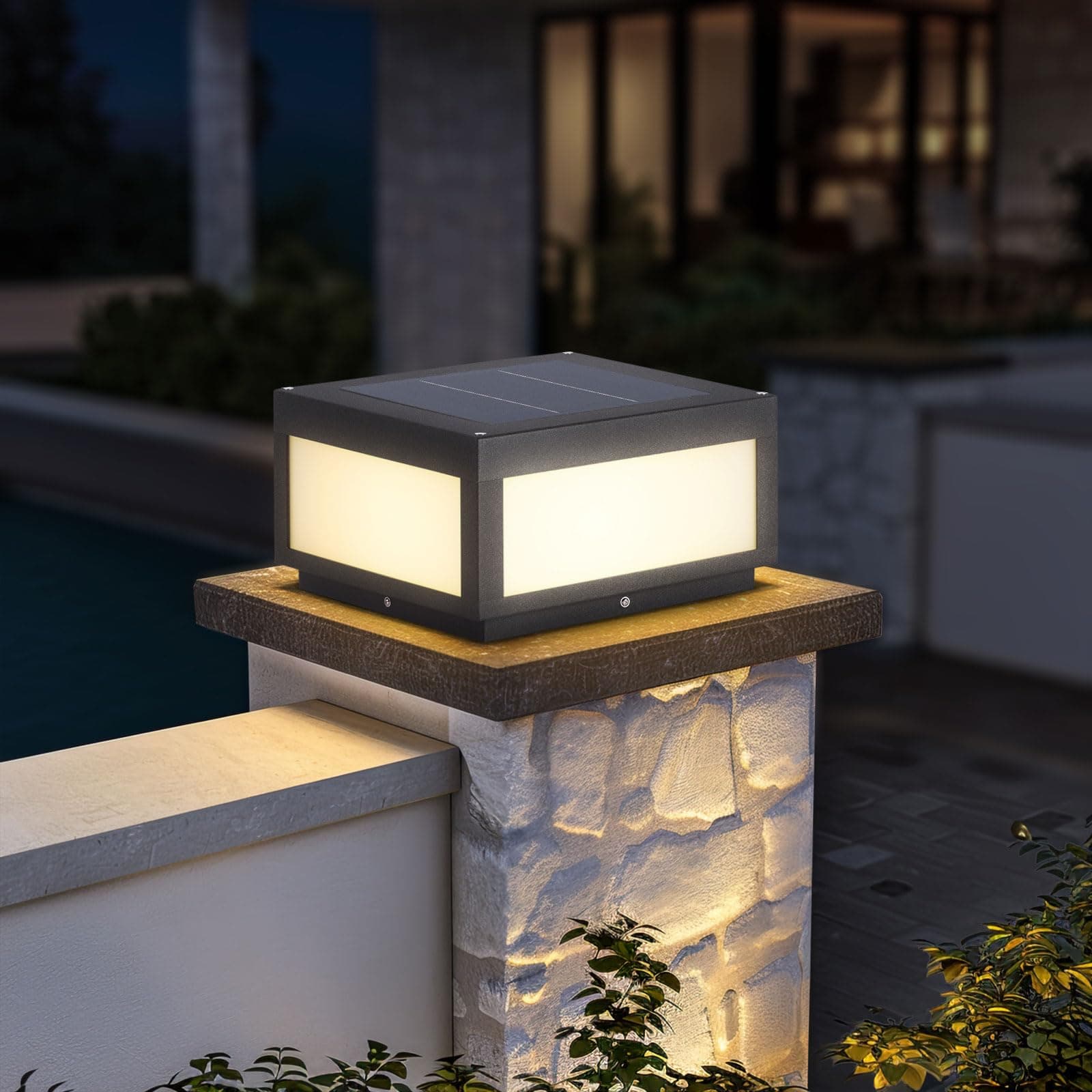 Solar Pillar Light Outdoor, Modern Post Light Dusk to Dawn IP54 Waterproof Solar Column Cap Lights LED 3000K Deck Lantern Lamp for Patio Garden Decoration with E26 Bulb(11.8"x11.8",Grey)