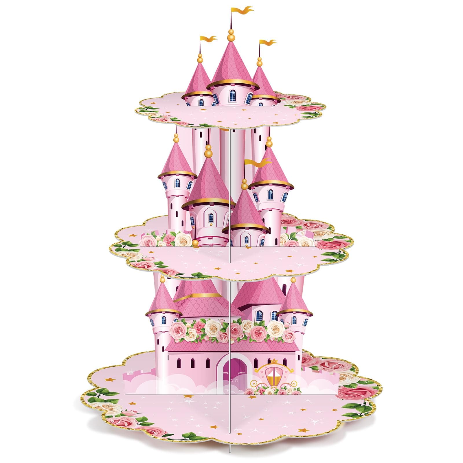 Zopeal 3 Tier Princess Birthday Cupcake Stand Party Decorations Floral Princess Cupcake Holder Pink Castle Crown Carriage Dessert Tower for Girls Birthday Theme Baby Shower Party Supplies