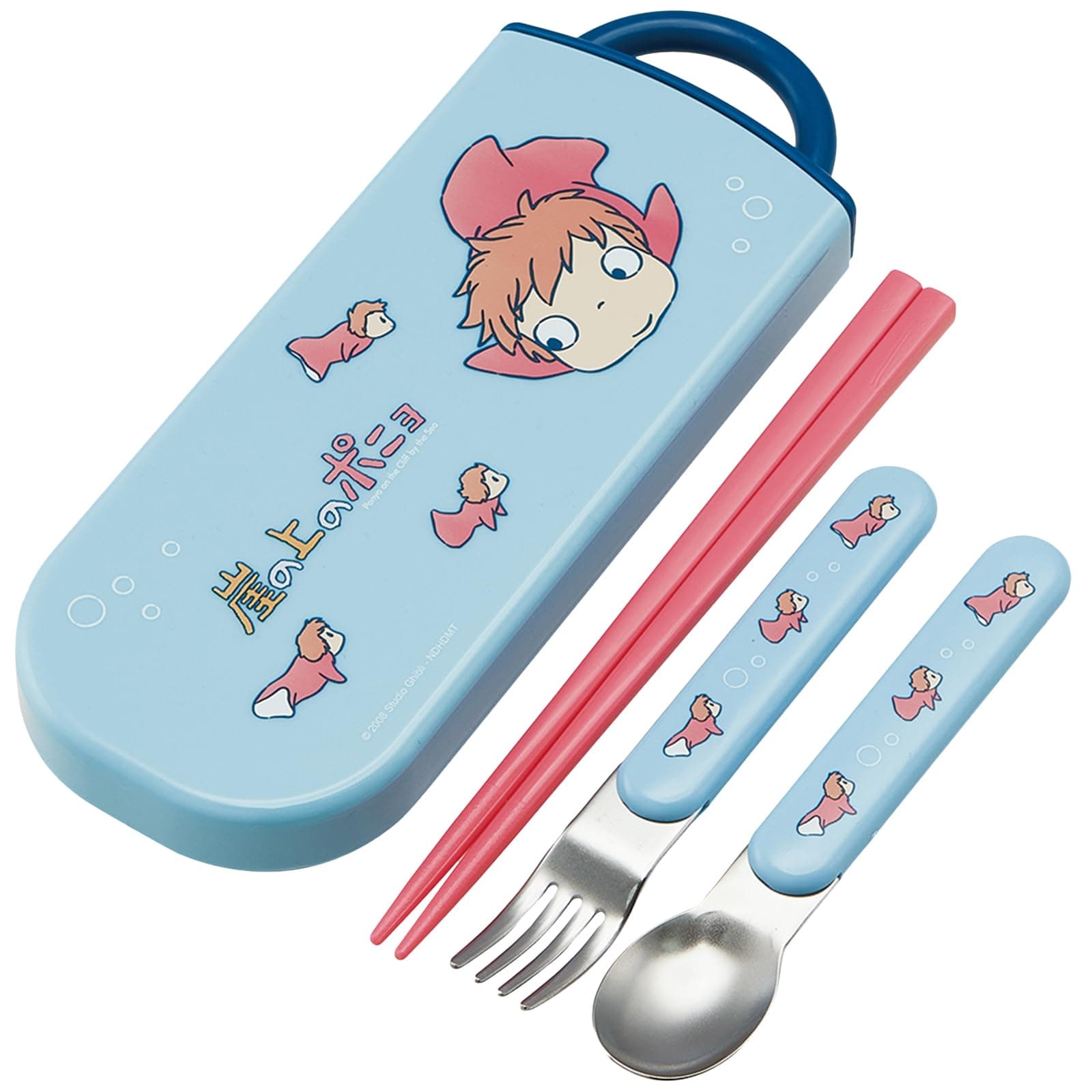 Skater Ponyo Utensil Set - Includes Reusable Fork, Spoon, Chopsticks and Carrying Case - Authentic Japanese Design - Durable, Dishwasher Safe - Ponyo and Ponyo's sisters