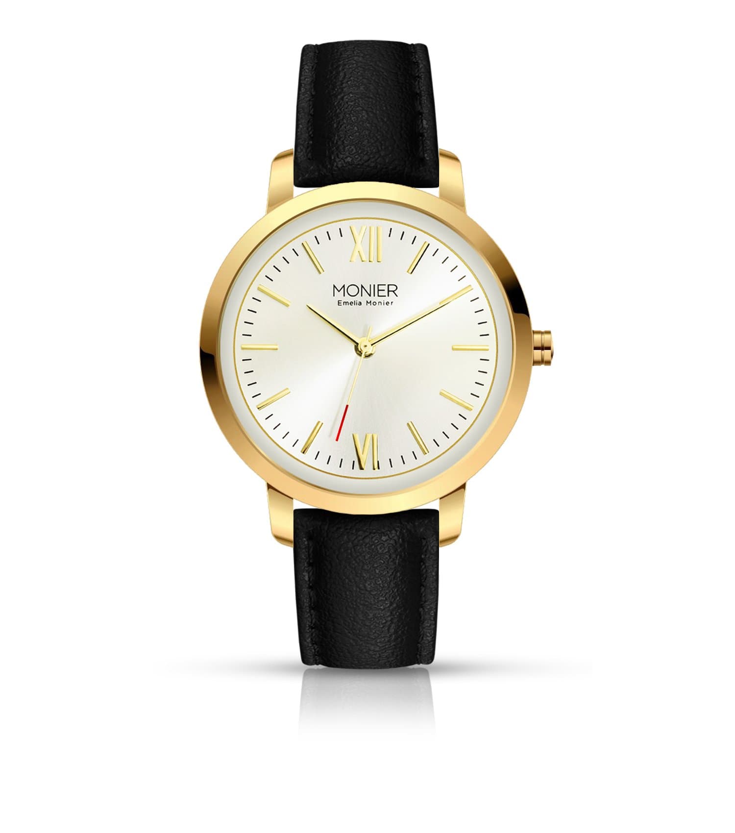 W Palace Gold Tone Women's Watch with Silver Sunray Dial and Black Leather Strap EML001-02BL