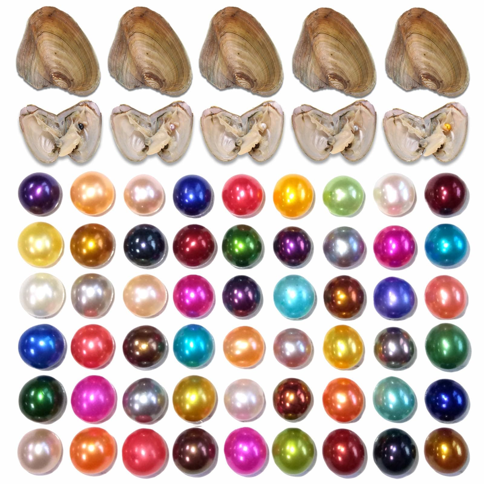 HENGSHENG 50PCS Freshwater Near Round Oyster Pearl Cultured Oysters with Pearls Inside Random 6-7mm Colorful Pearls for Party DIY Jewelry