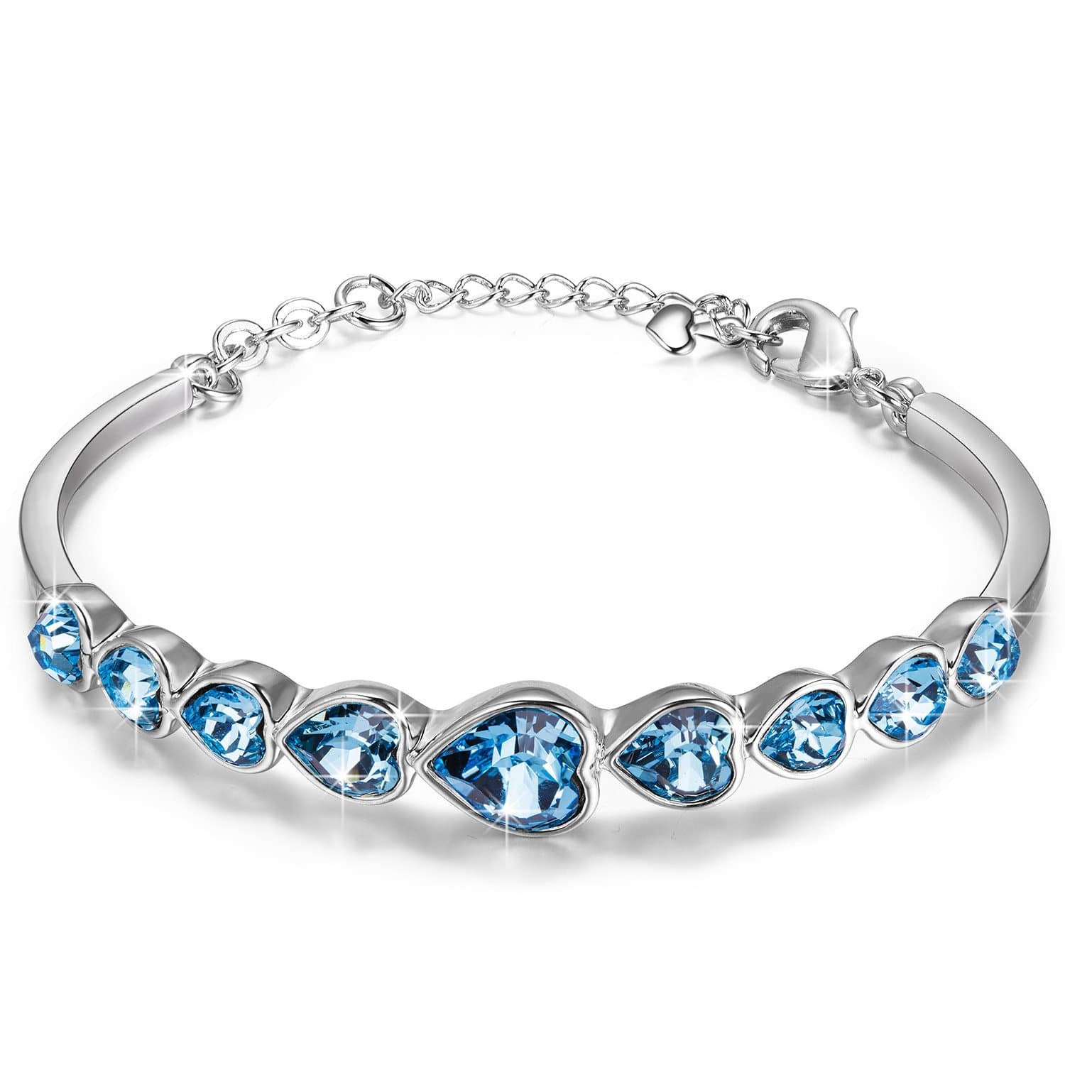 White Gold Plated Heart Shape Bracelet Made with Blue Swarovski Elements Crystal