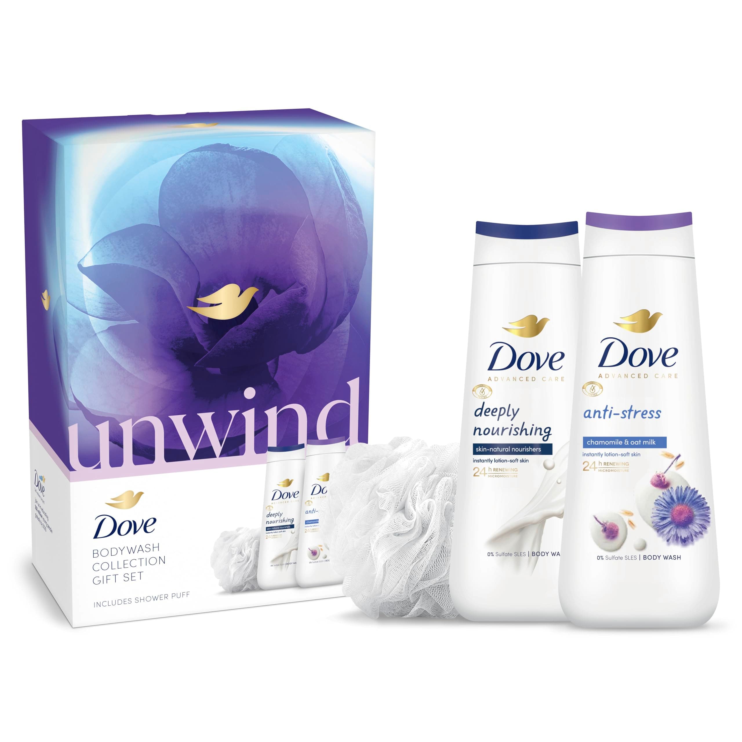 Dove Unwind Body Wash Shower Gel Collection with a luxury shower puff Gift Set perfect gifts for her 2 piece