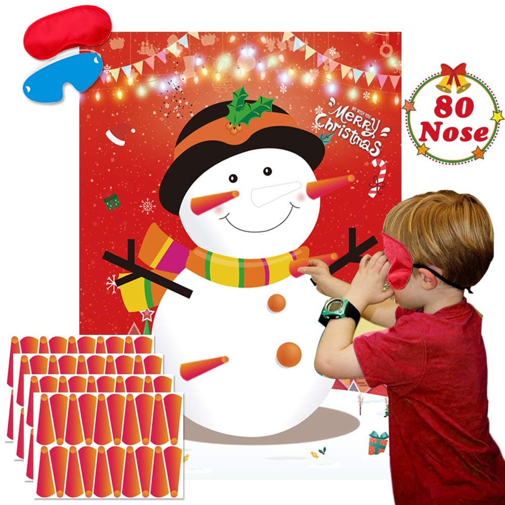 Pin The Nose On The Snowman Games Large Christmas Snowman Games Poster for Kids Christmas Snowman Party Decorations Xmas Party Games Supplies - 80 Noses
