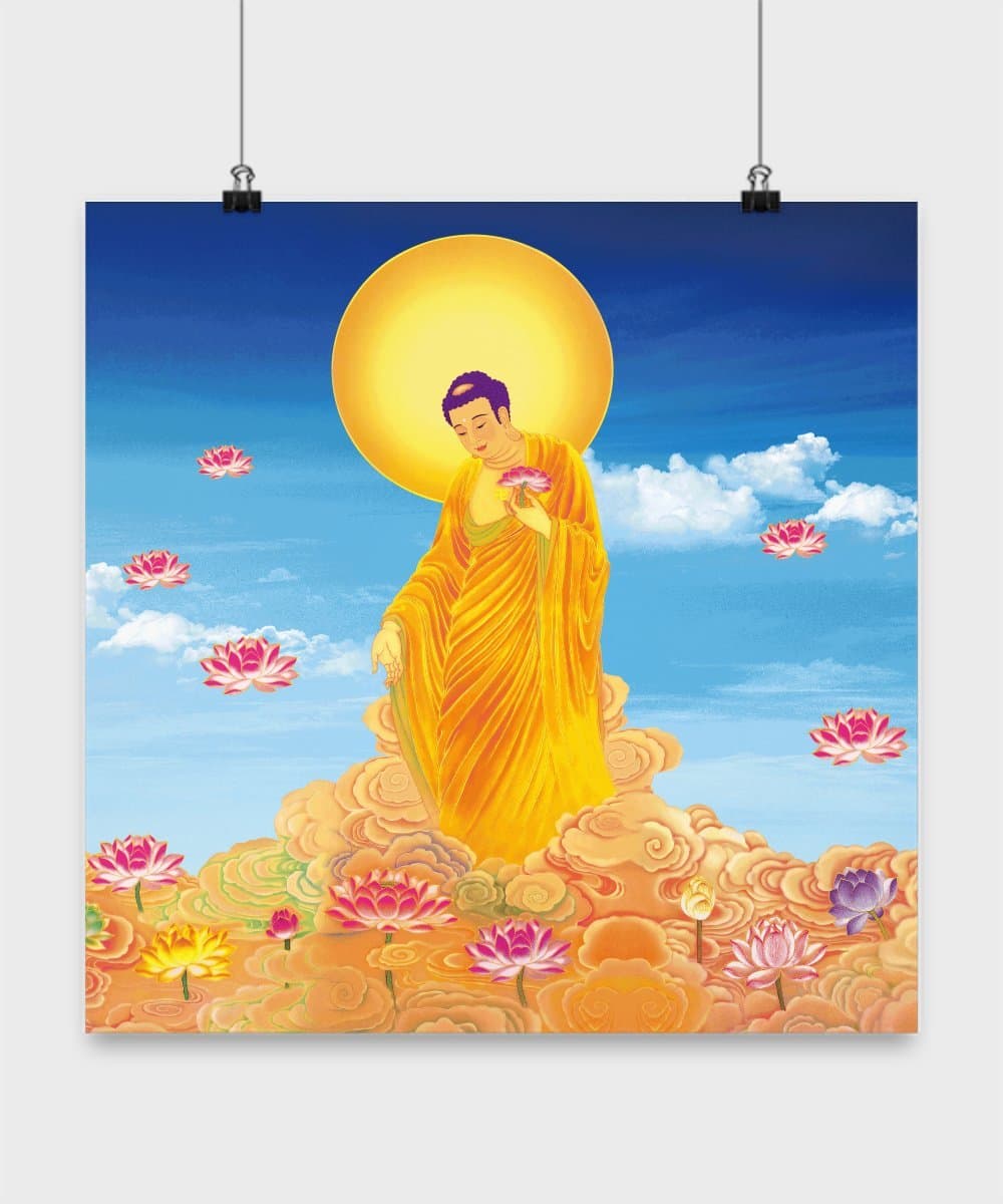 Amitabha Buddha Poster - Buddhist God Amituofo Statue - Decorative Buddhist Gift of Amida Buddha in Pure Land with Color Painting Effect - Buddhism