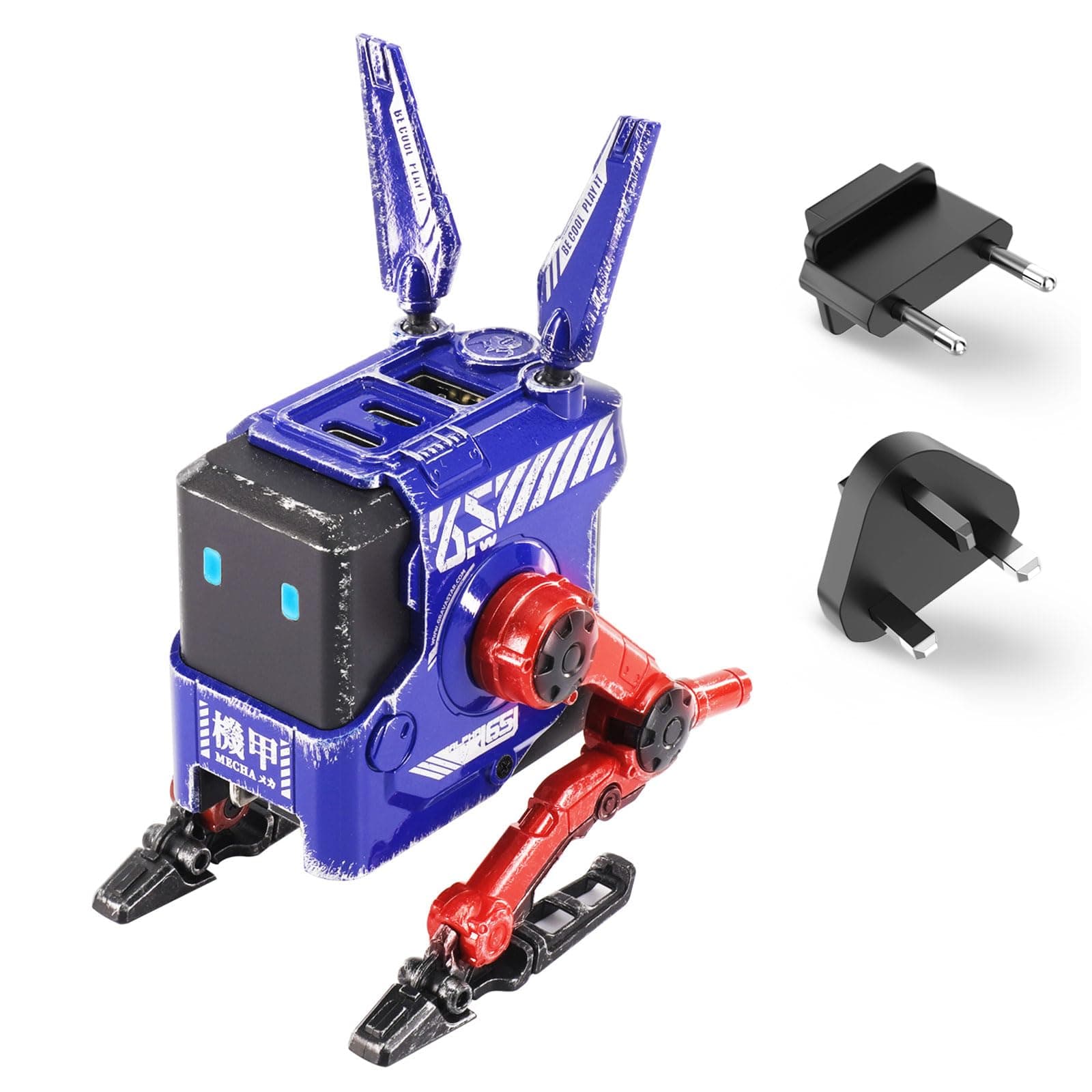 GravaStar Alpha65 65W GaN USB-C Fast Charger, 3-Port Wall Charger, Foldable Compact Charging for iPhone, MacBook, Galaxy, Steam Deck - Blue - with Interchangeable US/EU/UK Plug Adapters