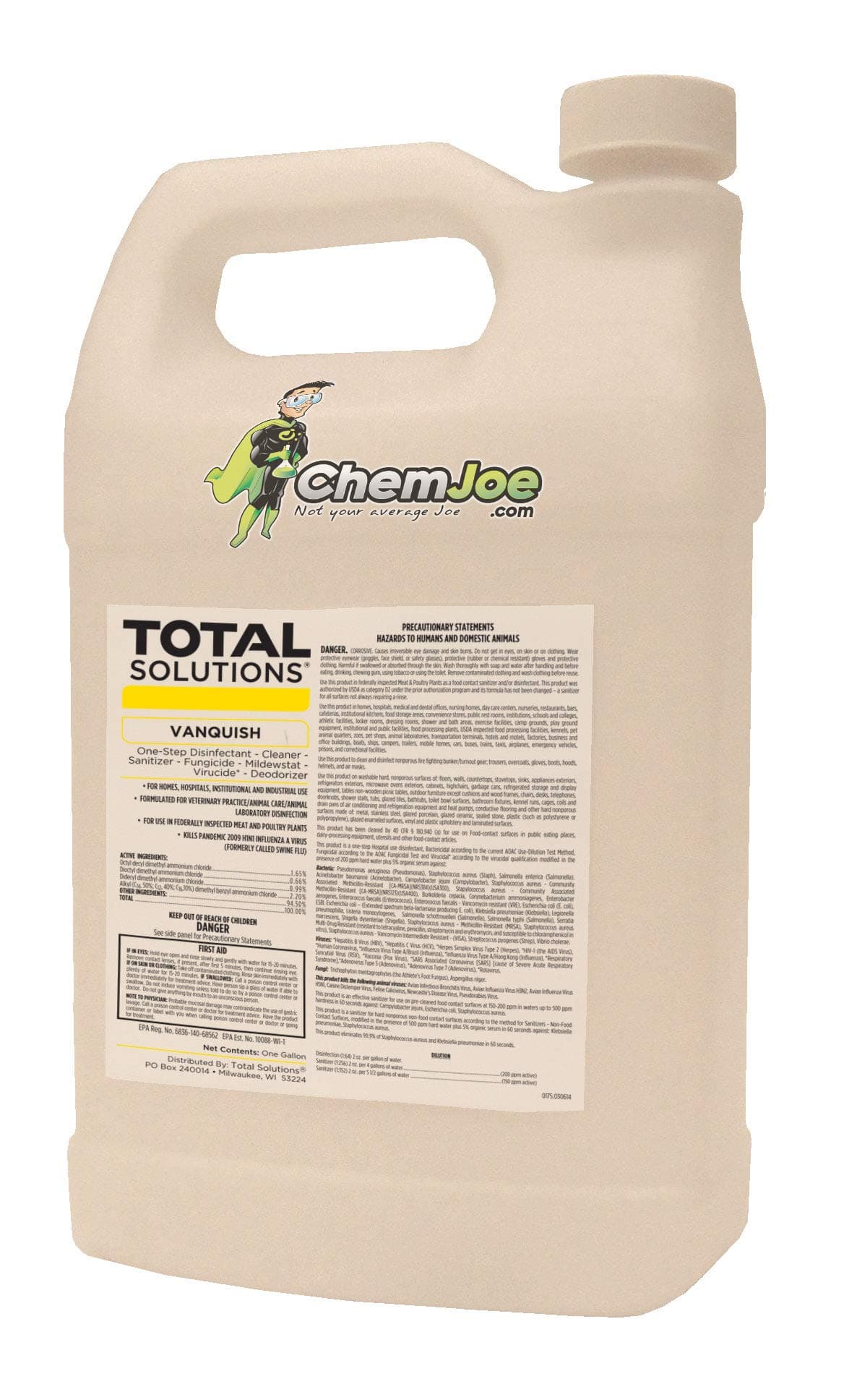 Vanquish is a one-step concentrated cleaner, broad-spectrum disinfectant/virucide, sanitizer, mildewstat, and deodorizer. (6 x 1 Gallon)
