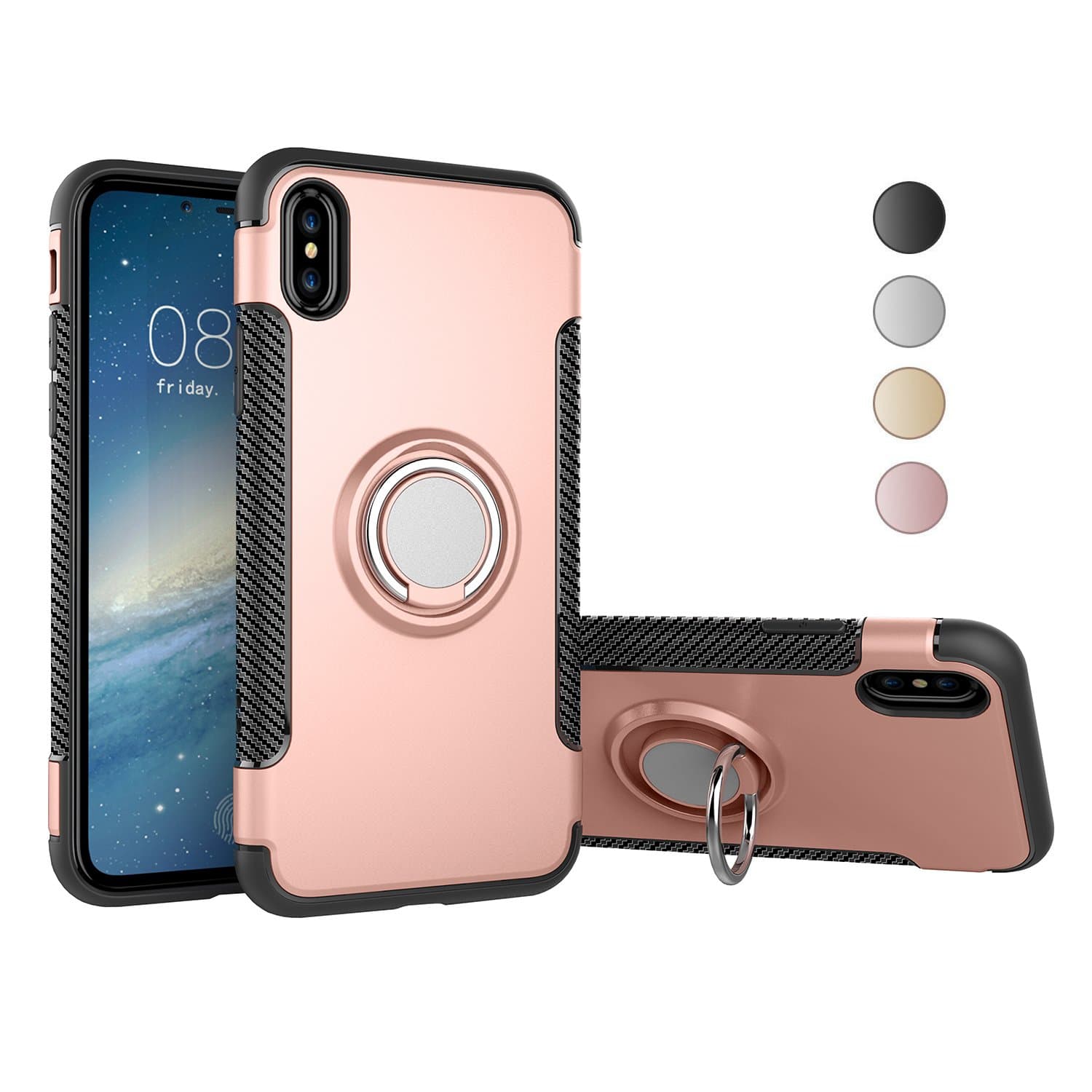 Nicwea Double Defense Shock Resistant Scratch Resistant Soft Case with 360 Degree Swivel Ring for Apple iPhone 7 Plus iPhone 8 Plus - Rose Gold