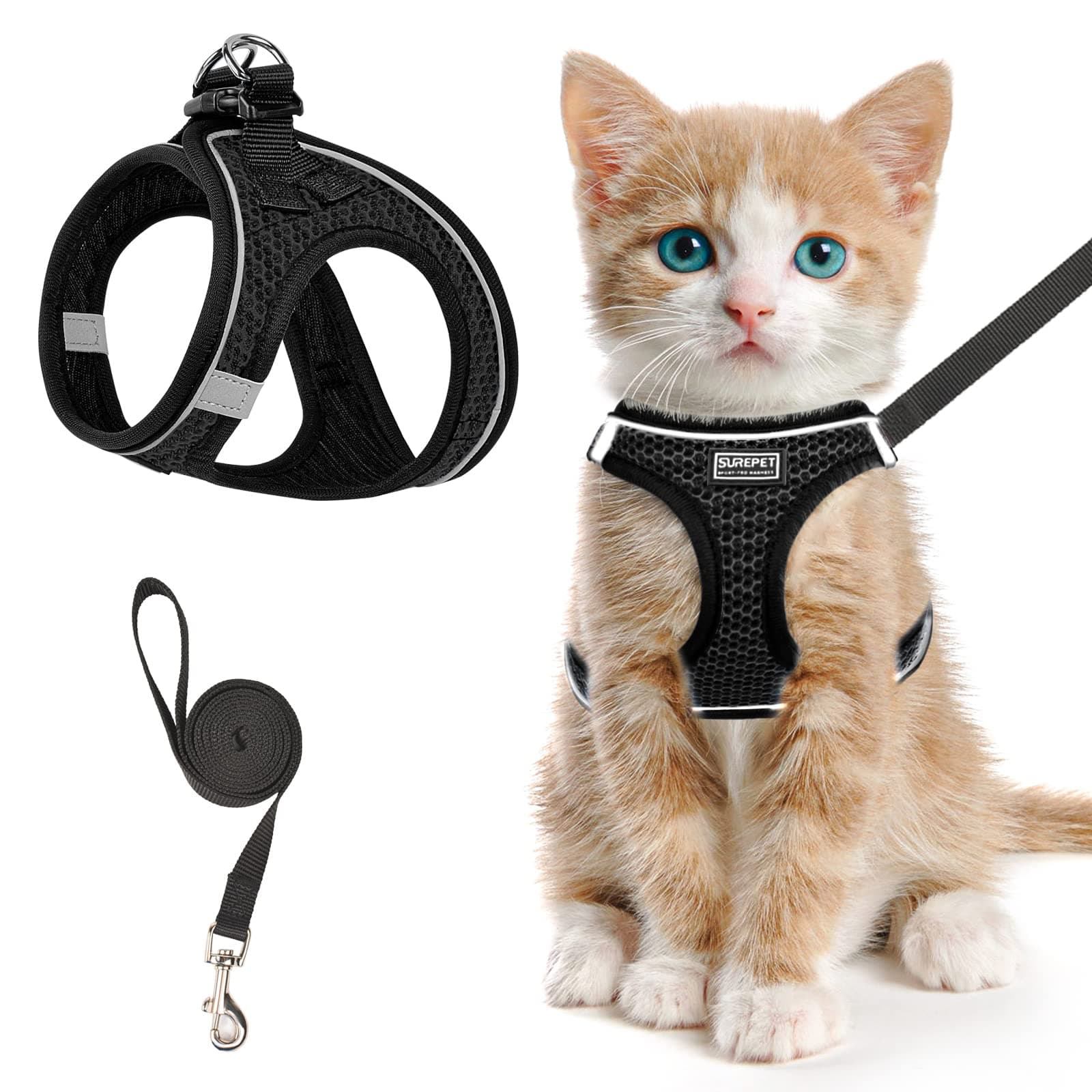 Cat Harness and Leash for Walking Escape Proof, Adjustable Kitten Vest Harness Reflective Soft Mesh Puppy Harness for Outdoor, Comfort Fit, Easy to Control (Black, M)