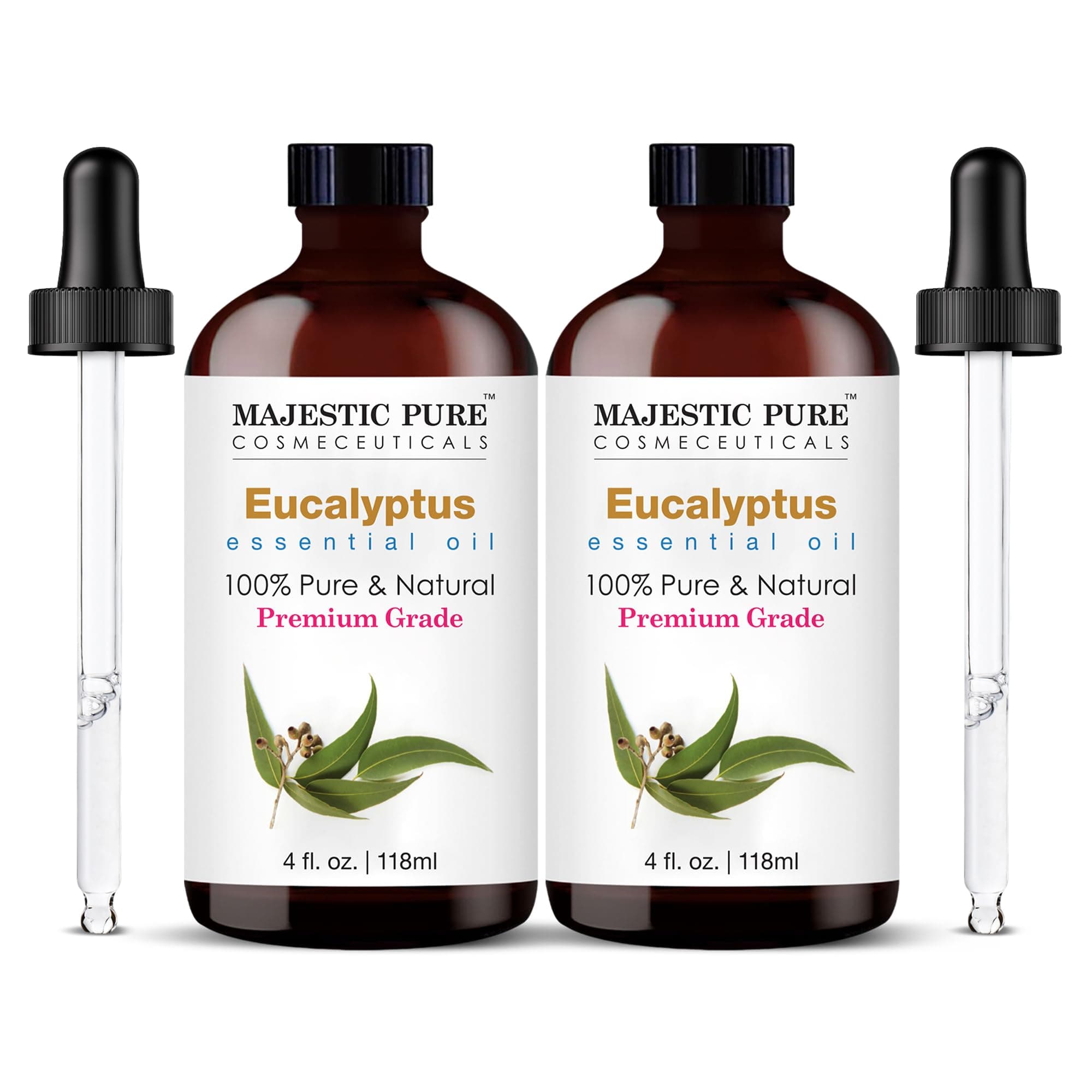 Majestic Pure Essential Oil with Glass Dropper - 100% Pure and Natural - Essential Oils for Diffuser, Aromatherapy, Soap and Candle Making, Eucalyptus Essential Oil, Eucalyptus Oil, 4 Fl Oz Pack of 2