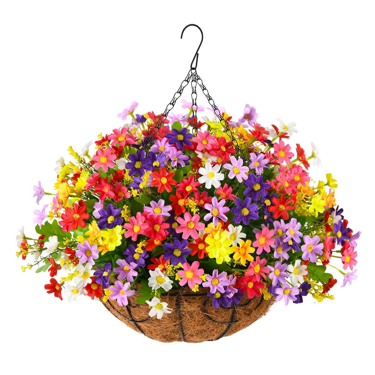 Homsunny Artificial Hanging Flowers Plants in Baskets for Outdoor Porch Decoration,Fake Daisy Plants Arrangement,12inch Coconut Lining Basket Indoor Patio Lawn Garden Spring Summer Decor (Multicolor)