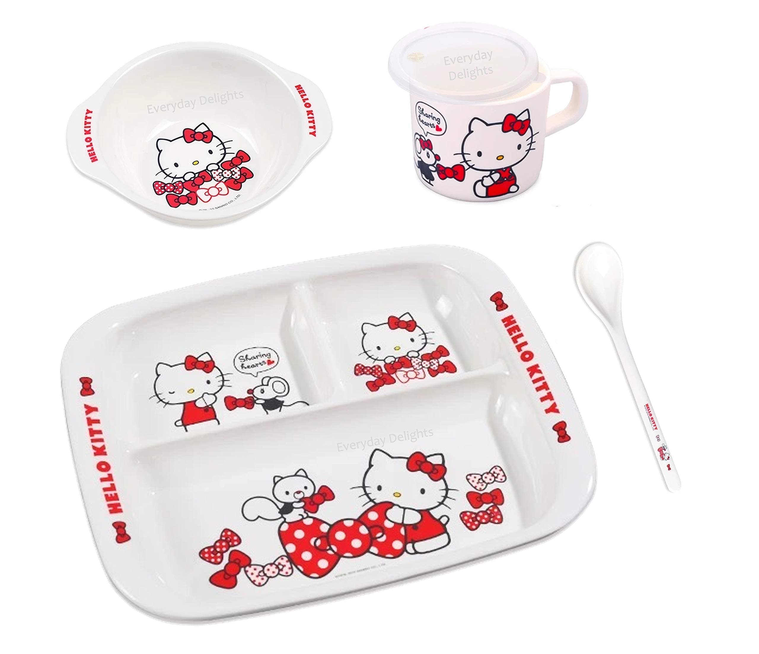 Hello Kitty Red Dinnerware Flatware Meal Set โ Plate Bowl Cup Spoon, 4 pieces
