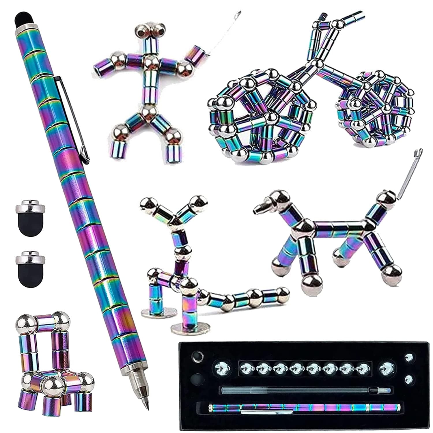 Fidget Pen Decompression Magnetic Metal , Toy Relieving Stress Build Various of Shapes, Strato Multifunctional Deformable Magnet Writing Polar (Colorful)