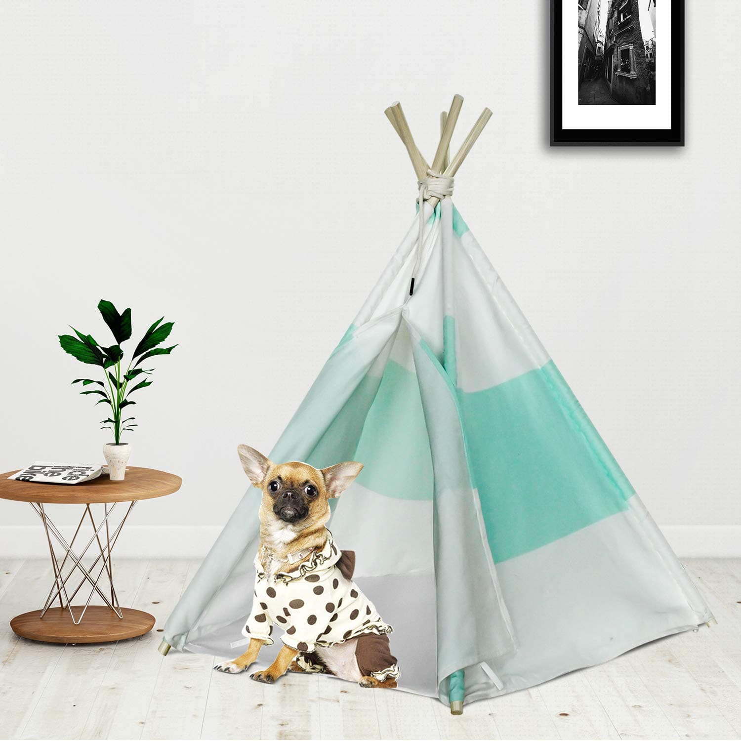 RSFZ Pet Teepee Tent for Dogs Teepee House Cotton Canvas Teepee Pet Tent Bed Indoor or Outdoor Cat Teepee Dog House for Pets Green Strip Pet Tipi House