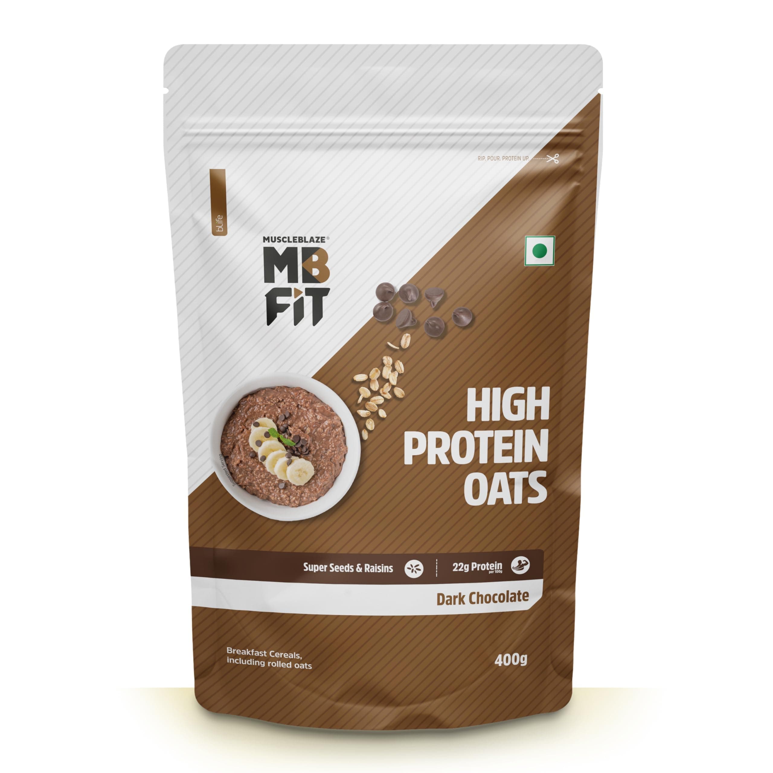 Fit High Protein Oats, 400 g, Dark Chocolate | 22 g Protein, Rolled Oats, Gluten Free Oats, Breakfast Cereals for Weight Management