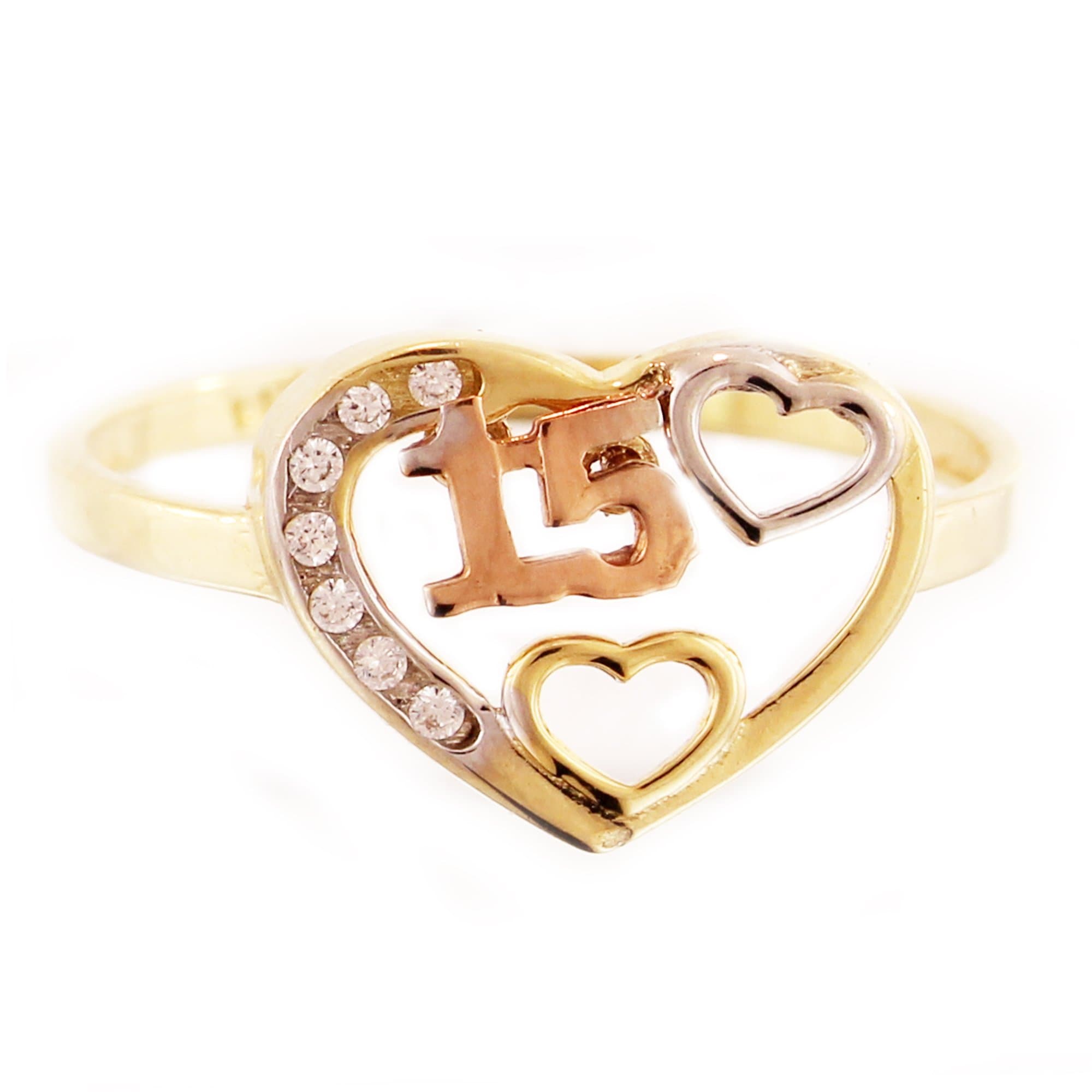 awatch4everyone 14K Yellow Quinceanera Heart Shape 15 Ring Design with Clear Cz