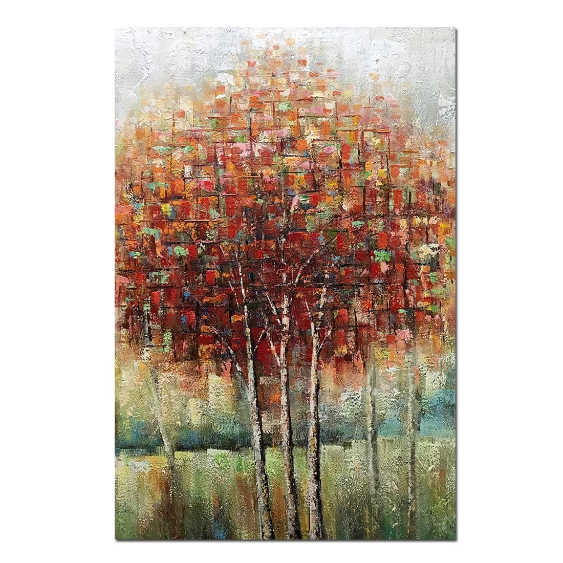 Boiee Art,24x36Inch Hand-Painted Abstract Tree Canvas Wall Art Red Birch Trees Oil Paintings Fall Landscape Artwork Modern Home Decor Art Wood Inside Framed Ready to Hang for Living Room