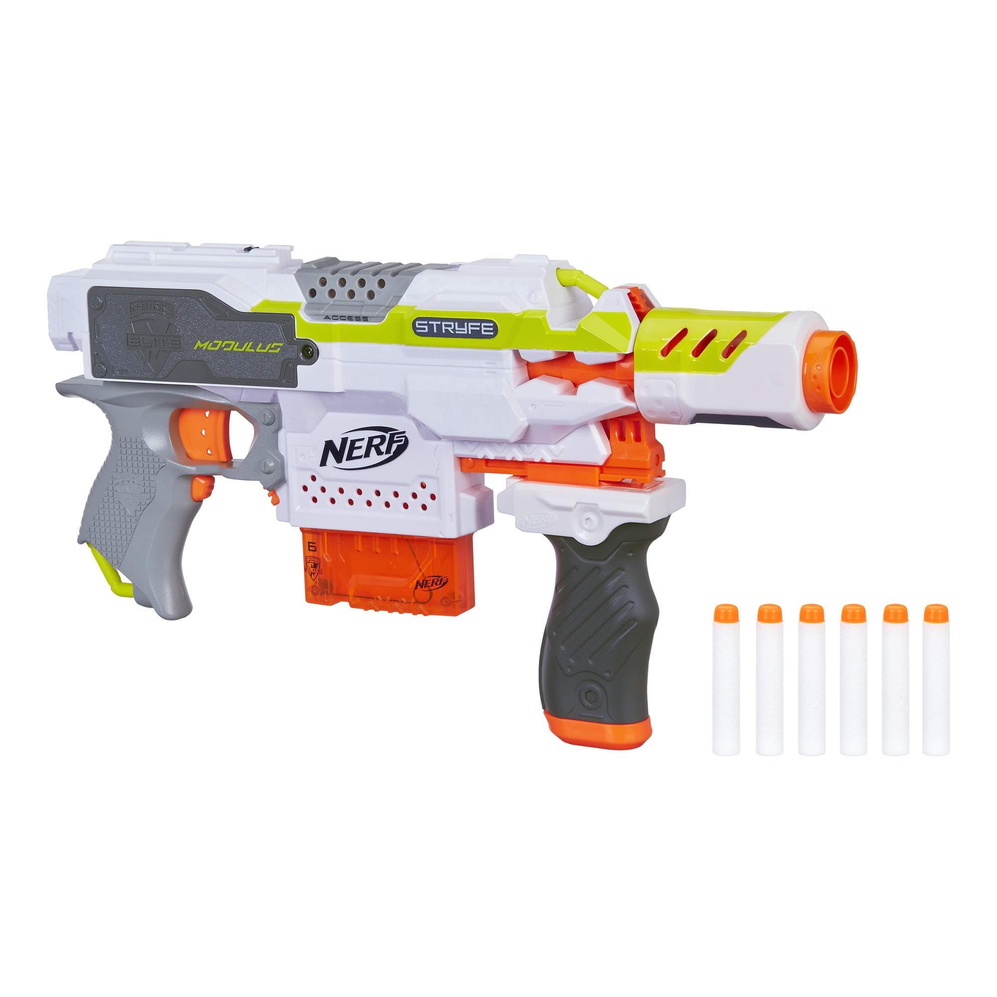 Modulus Stryfe Motorized Blaster - Fires 6 Darts in a Row - Includes Drop Grip, Barrel Extension, 6-Dart Clip, 6 Nerf Elite Darts (Amazon Exclusive)